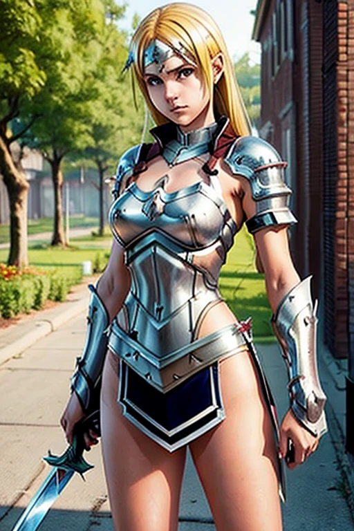 Warrior, costume, plate armor, short skirt, blue skirt, white panties, appearing panties, blonde, realistic, D&D, sitting, cameltoe, legs open, legs apart, upskirt, steel gauntlets, steel boots, steel breastplate