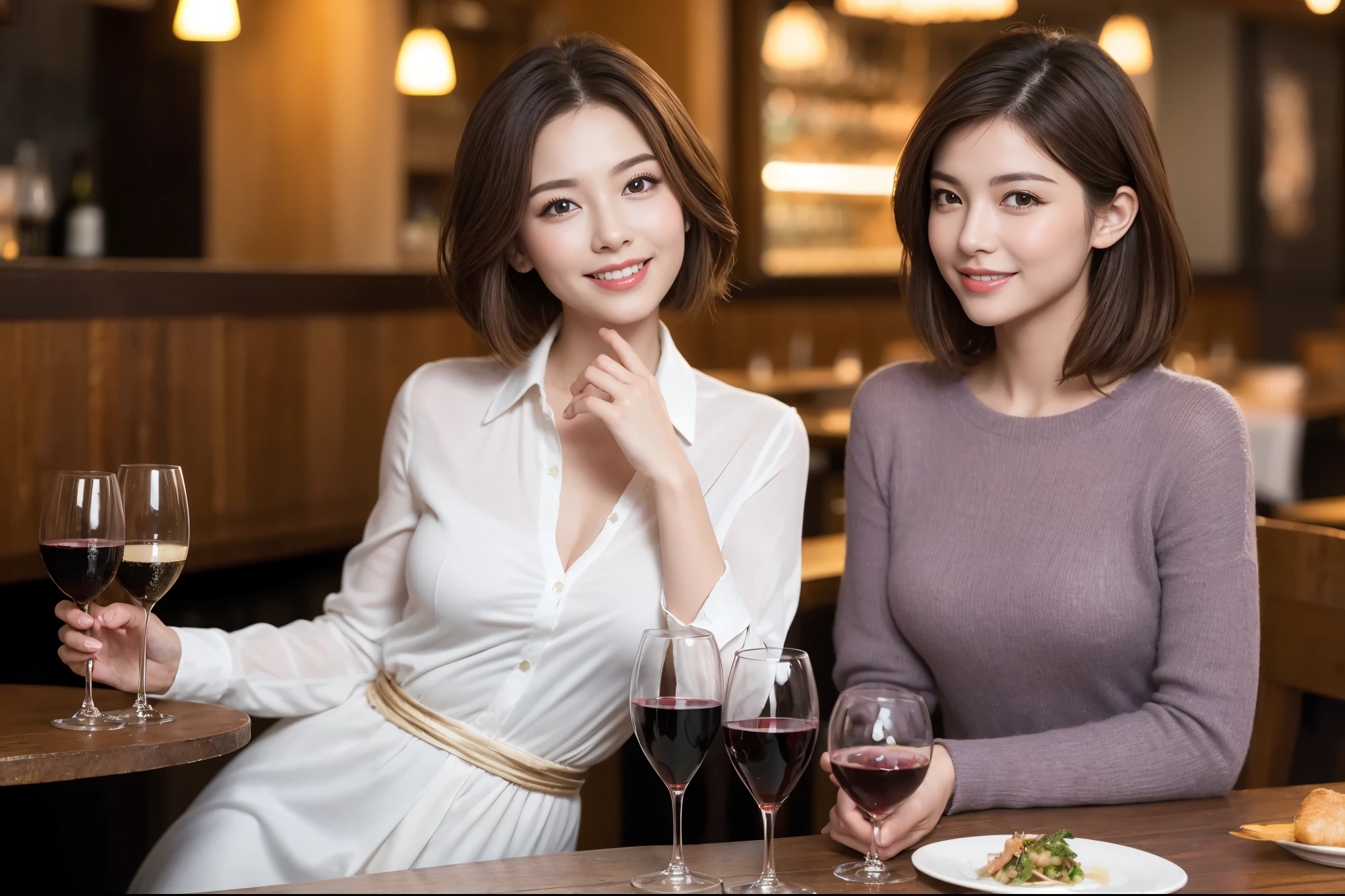((highest quality、8k、masterpiece:1.3))、1 male 1 female、lover、really like、Beautiful couple、The body is slim、テーブルの上のwine glass、Lighting the face、 Amazing view of the sunset sky and clouds、A bright smile、The wonderfulness of smile、Bright image、Beautiful Face, short hair,Bright Face、 (Age 37), 39 years old, red wine 、Appetizers、Italian food、Wine bottle、Champagne、sparkling wine、Two beauties、Brown Hair、Shortcuts、Long sleeve shirt、dress、Pretty Woman 1, (slimな顔), (The body is slim), (Brown Hair), (Shortcuts), cheeks turn a little red,Attractive beauty、restaurant, In a prominent place (From the waist up) Nova Frog Style, actress, model, Upper Body, White wine, slim, wine glass, 中央に置かれたwine glass, smile, (smile: 1.15), Beautiful fine grain, Depth f/2,saturation, High Contrast, Strong light and shadow,Moist Body:1.5、3D texture、Delicate eyes、Brown Hair、The hair is very shiny、