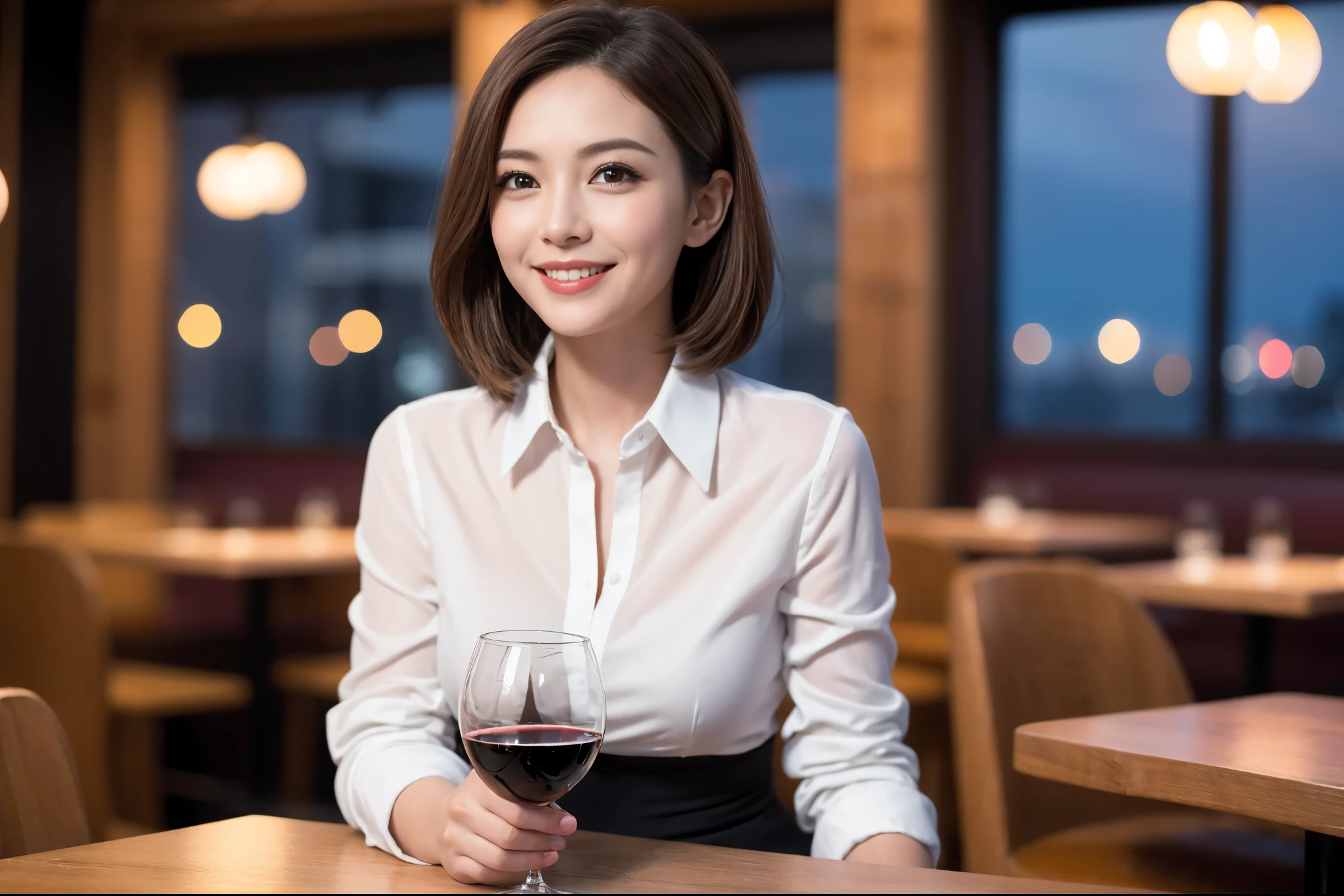 ((Highest quality、8k、masterpiece:1.3))、slimカップル、modelカップル、(Realistic, Intricate details:1.2), full-course dinner、wine 、Amazing view of the sunset sky and clouds、A bright smile、The wonderfulness of smile、Bright image、wineの美しさ, Beautiful Face, blue eyes, The light shines on your face, blush, short hair,Bright Face、 (Age 37), 39 years old, 赤wine 、Appetizers、Italian food、wine bottle、Champagne、スパークリングwine、Two beauties、Brown Hair、Shortcuts、Long sleeve shirt、dress、Beautiful woman 1, (slimな顔), (The body is slim), (Brown Hair), (Shortcuts), cheeks turn a little red,Attractive beauty、restaurant, In a prominent place (From the waist up) Nova Frog Style, actress, model, Upper Body, 白wine, slim, wineグラス, 中央に置かれたwineグラス, smile, (smile: 1.15), Beautiful fine grain, Depth f/2,saturation, High Contrast, Strong light and shadow,Moist Body:1.5、3D texture、Delicate eyes、Brown Hair、The hair is very shiny、