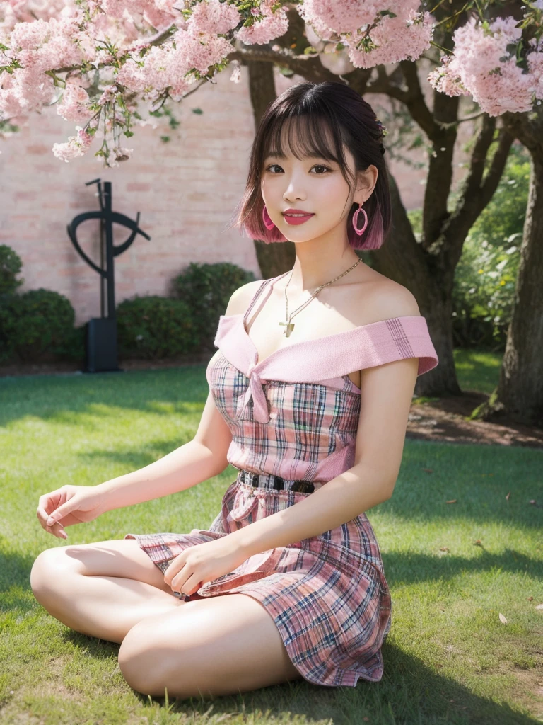 (8k, Photorealistic, Raw photo, Highest quality: 1.4),Japanese idol style１Beautiful girl of the person,18-year-old,Short bob hairstyle,Blackの髪,She has her hair tucked behind her ears,She has small earrings in her ears,Big, clear grey eyes,Long eyelashes,Plump Cheeks,(She is applying lipstick,(Pink :1.4)),Apply gloss over your lipstick for glossy, plump lips,Smiling,A short pendant is hanging around her neck.,両手の爪にBlackのマニキュアを塗っている,両足の爪にBlackのマニキュアを塗っている,Wearing a white off-the-shoulder summer knit on bare skin,I can see her cleavage(Wearing a pleated skirt,(Plaid,Black :1.4)),(barefoot),(Grass under the tree in the park),(sitting cross-legged :1.7),She is surrounded by the gentle sunlight filtering through the trees.,Angle from the front,whole body ports