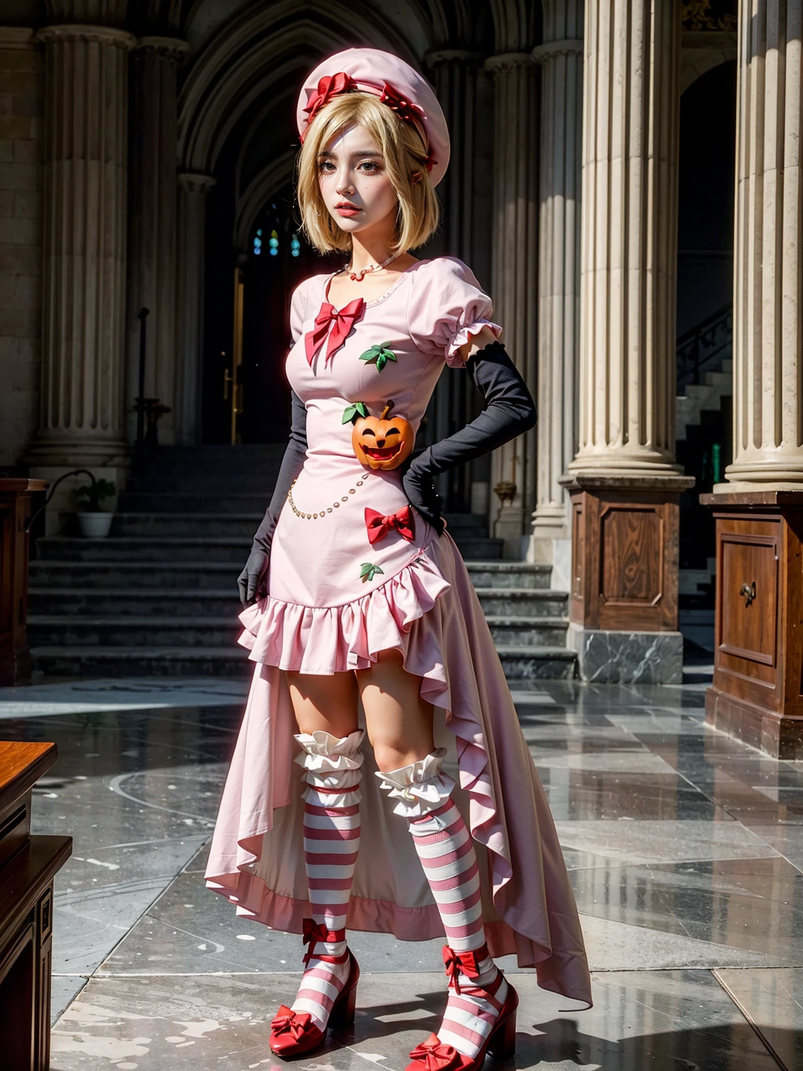 (1 lady), The beautiful, (Best quality at best:1.4), (ultra - detailed), (extremely detailed CG unified 16k), gold blonde hair, very detailed, High-definition RAW color photo, professional photoshooting, amazing face and eyes, cosmetics, (amazingly beautiful girl), ((lambdadelta, tall woman, taller)), ((dress, shoes bow, red shoes, striped stockings, red bow, pink hat, necklace, gloves, pearl, pumpkin brooch, pink dress)), standing, sexyposture,(Dark and stylish cathedral, stained glass, altar, before the altar, candle lights, candle lights:1.3), (look from down), realistic cinematic face, head to feet long wide zoomed out view, full body long view, photorealistic, ((realistic natural blonde hair style, honey eyes)), gorgeous, extremely beautiful face, perfect model beauty, pout mouth, flirting smile, cleavages, city girl, western, shopping in the city, (masterpiece), best quality, high resolution, extremely detailed, blurred background, depth of field, cinematic lighting, (amazing legs, strong legs, athletic legs), high heels, clear and well-cared skin