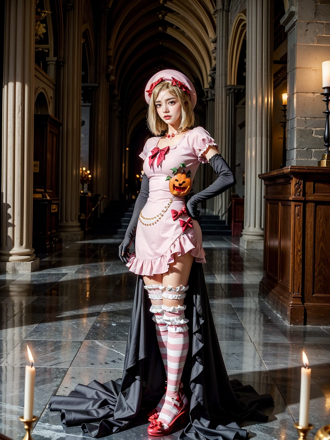 (1 lady), The beautiful, (Best quality at best:1.4), (ultra - detailed), (extremely detailed CG unified 16k), gold blonde hair, very detailed, High-definition RAW color photo, professional photoshooting, amazing face and eyes, cosmetics, (amazingly beautiful girl), ((lambdadelta, tall woman, taller)), ((dress, shoes bow, red shoes, striped stockings, red bow, pink hat, necklace, gloves, pearl, pumpkin brooch, pink dress)), standing, sexyposture,(Dark and stylish cathedral, stained glass, altar, before the altar, candle lights, candle lights:1.3), (look from down), realistic cinematic face, head to feet long wide zoomed out view, full body long view, photorealistic, ((realistic natural blonde hair style, honey eyes)), gorgeous, extremely beautiful face, perfect model beauty, pout mouth, flirting smile, cleavages, city girl, western, shopping in the city, (masterpiece), best quality, high resolution, extremely detailed, blurred background, depth of field, cinematic lighting, (amazing legs, strong legs, athletic legs), high heels, clear and well-cared skin
