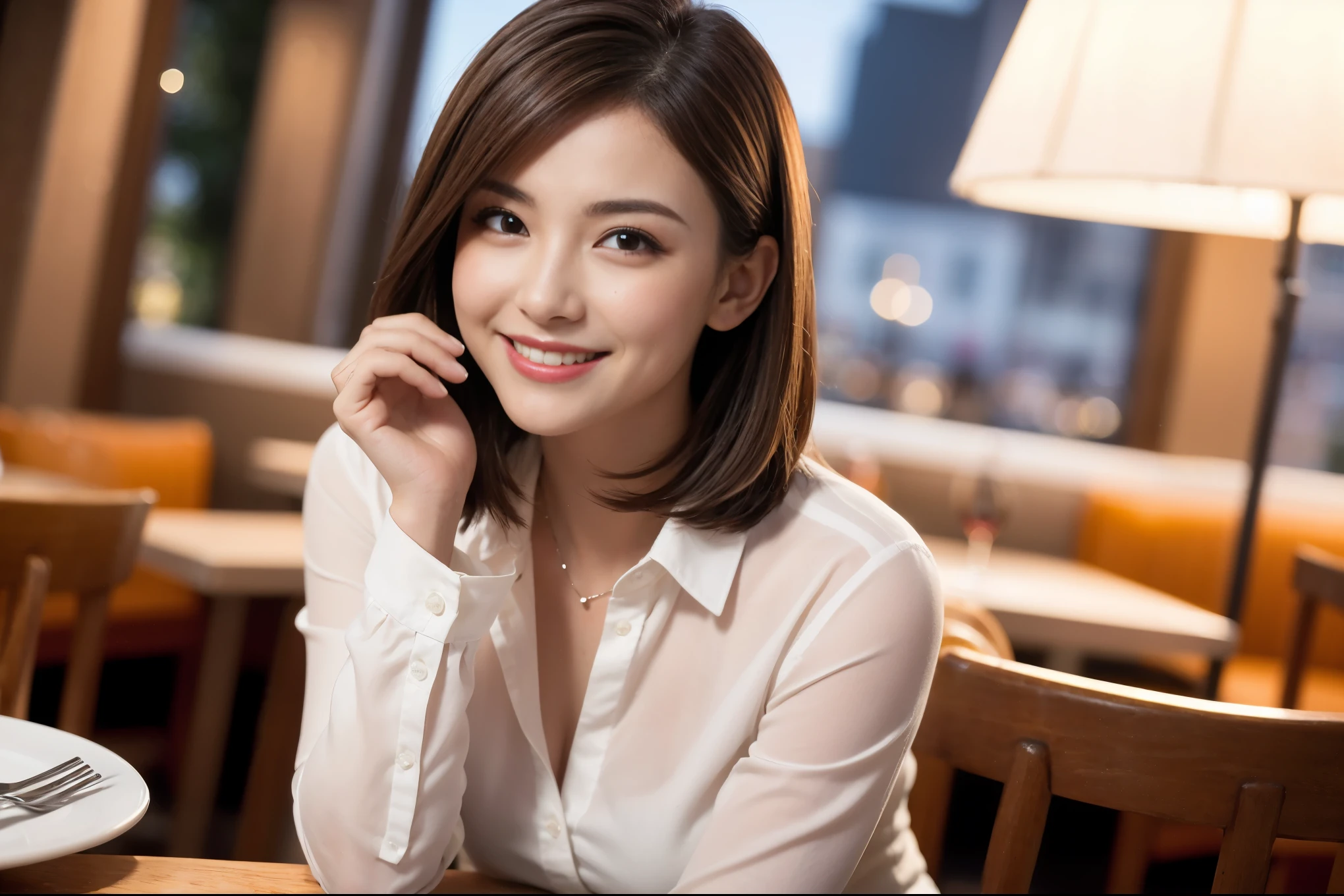 ((highest quality、8k、masterpiece:1.3))、1 male 1 female、lover、really like、Beautiful couple、The body is slim、テーブルの上のwine glass、Lighting the face、 Amazing view of the sunset sky and clouds、A bright smile、The wonderfulness of smile、Bright image、Beautiful Face, short hair,Bright Face、 (Age 37), 39 years old, red wine 、Appetizers、Italian food、Wine bottle、Champagne、sparkling wine、Two beauties、Brown Hair、Shortcuts、Long sleeve shirt、dress、Pretty Woman 1, (slimな顔), (The body is slim), (Brown Hair), (Shortcuts), cheeks turn a little red,Attractive beauty、restaurant, In a prominent place (From the waist up) Nova Frog Style, actress, model, Upper Body, White wine, slim, wine glass, 中央に置かれたwine glass, smile, (smile: 1.15), Beautiful fine grain, Depth f/2,saturation, High Contrast, Strong light and shadow,Moist Body:1.5、3D texture、Delicate eyes、Brown Hair、The hair is very shiny、
