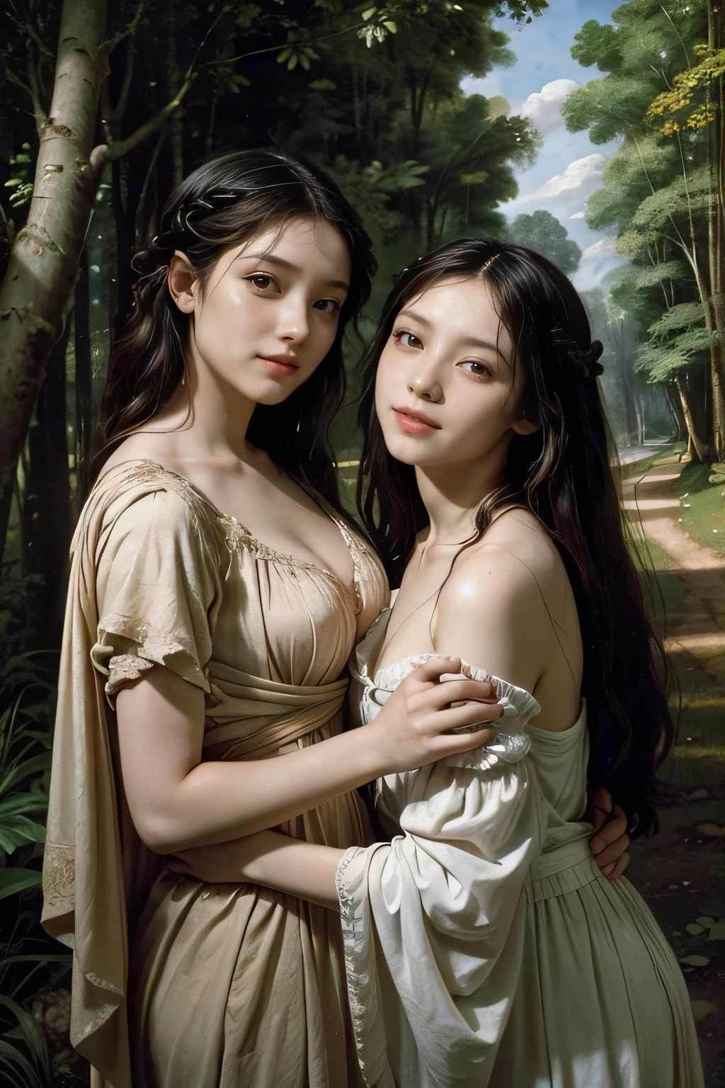 Giorgione painting style,Barbizon forest A beautiful woman in Greek dress smiles on the shore,Sweet and seductive appearance.、Caravaggio's paintings、Chiaroscuro of Caravaggio、hair tousled by the wind,Two women frolicking,cute smile, expression of ecstasy,Sexy,erotic, full body portrait