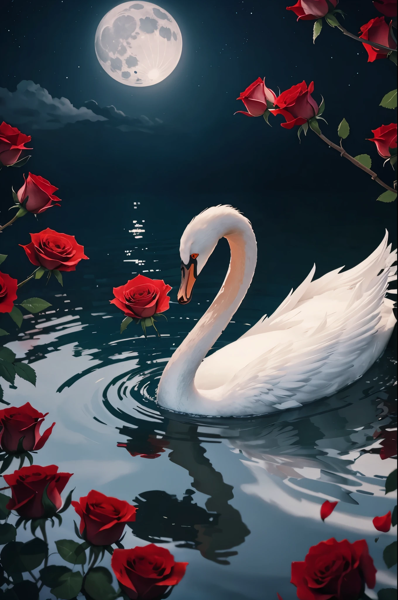 a delicate swan, under the moonlight, with red roses around
