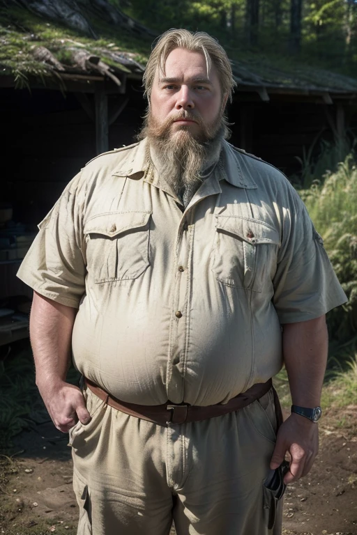 ((blond hairstyle of the 1300s)), Realistic， ((Full body photo)),Handsome face, male，(( (best quality,ultra-detailed),realistic,studio lighting,photography,two (chubby,plump) men with (big,fat) guts, hair and beard,🍀Baron Étienne Jocque governs the remote and lightly-populated Duchy of Crawford from his timber and stone stronghold Fort Grayling, built along the banks of the Au Sable River. He inherited his barony from his father Baron Claude Jocque, a French-Canadian fur trapper who first explored the region in the 1780s.
Baron Jocque himself is known as a seasoned wilderness scout and surveyor, having created some of the first crude maps of Crawford's vast forests, wetlands, and waterways. Now in his late 40s, he resides at Fort Grayling mainly during winter snows, emerging each spring to lead crews improving wagon trails and access points through the county for future pioneers and trade.
Though seen as gruff and unrefined by visiting nobles, Jocque enjoys great respect from the local frontier folk, trappers, and tradesmen. His knowledge of surveying, navigating, and outlasting Crawford’s harsh landscapes makes him an indispensable guide when it comes to pushing the borders of settlement deeper into the isolated domain under his loose stewardship.
((((looking at the watcher))))