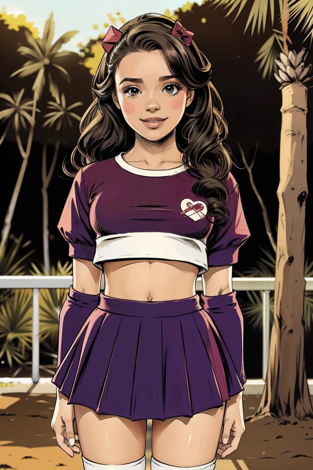 cheerleader,pequeno sorriso,cheerleader,cheerleader uniform, (((Obra de arte))), (((melhor qualidade))), ((ultra-detalhado)), (illustration), ((extremamente delicado e lindo)),(Bokeh,fundo desfocado),(melhor sombra), 1 garota,calcinha branca, cabelo preto, cabelo longo, kawaii,bonitinho,mudar, brilho Destaque Spot nos olhos, foco do personagem,tilt your head,