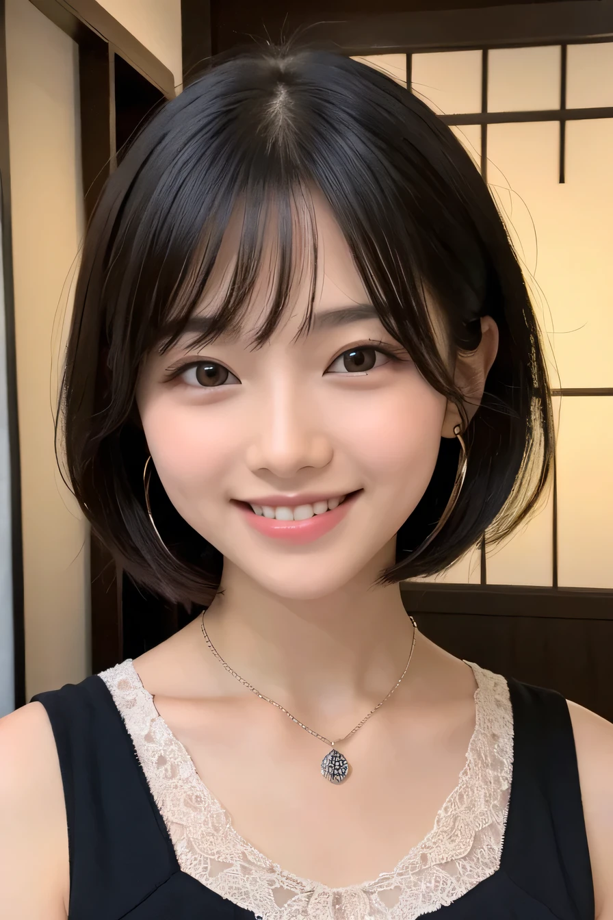 19Young woman in age、 Japanese women、Black Hair、Wavy Hair、short hair、ear piercing、Necklace around the neck、blouse、smile, Beautiful teeth alignment、Intricate details, Very detailed:1.2), 、 Looking into the camera,The background is in the room