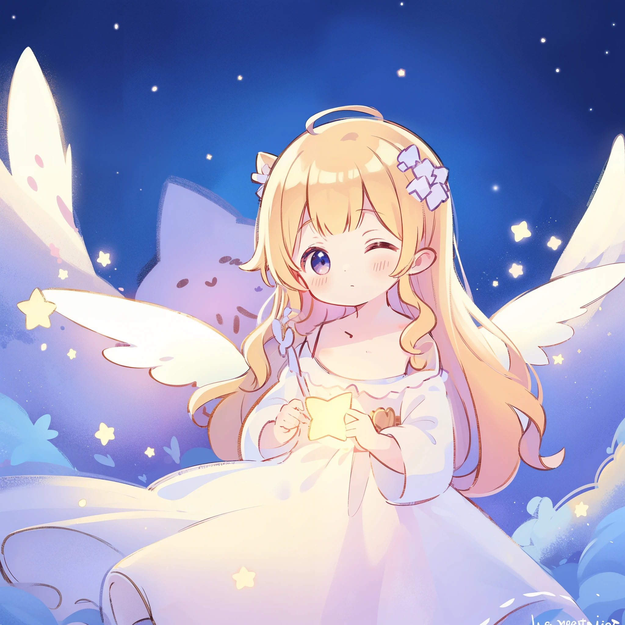 cute style, wishing star background, angel girl wearing an ethereal translucent dress that reflects the stars, magical, whimsical, fantasia, dreamy, serene composition, masterpiece, best quality, perfection, complex drawing, highly detailed, ethereal, starry night, midjourney style