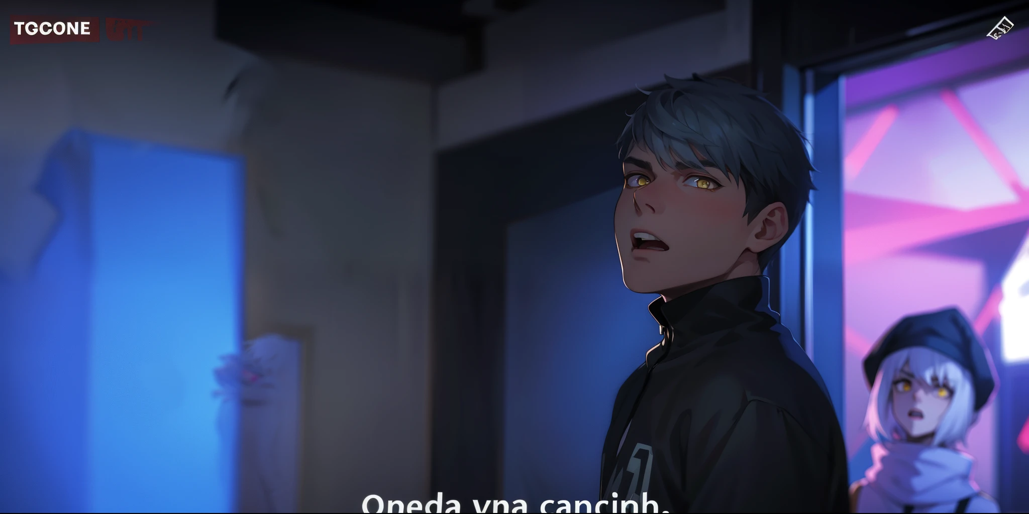 cute 18 year old boy with white hair and yellow eyes speaks calmly