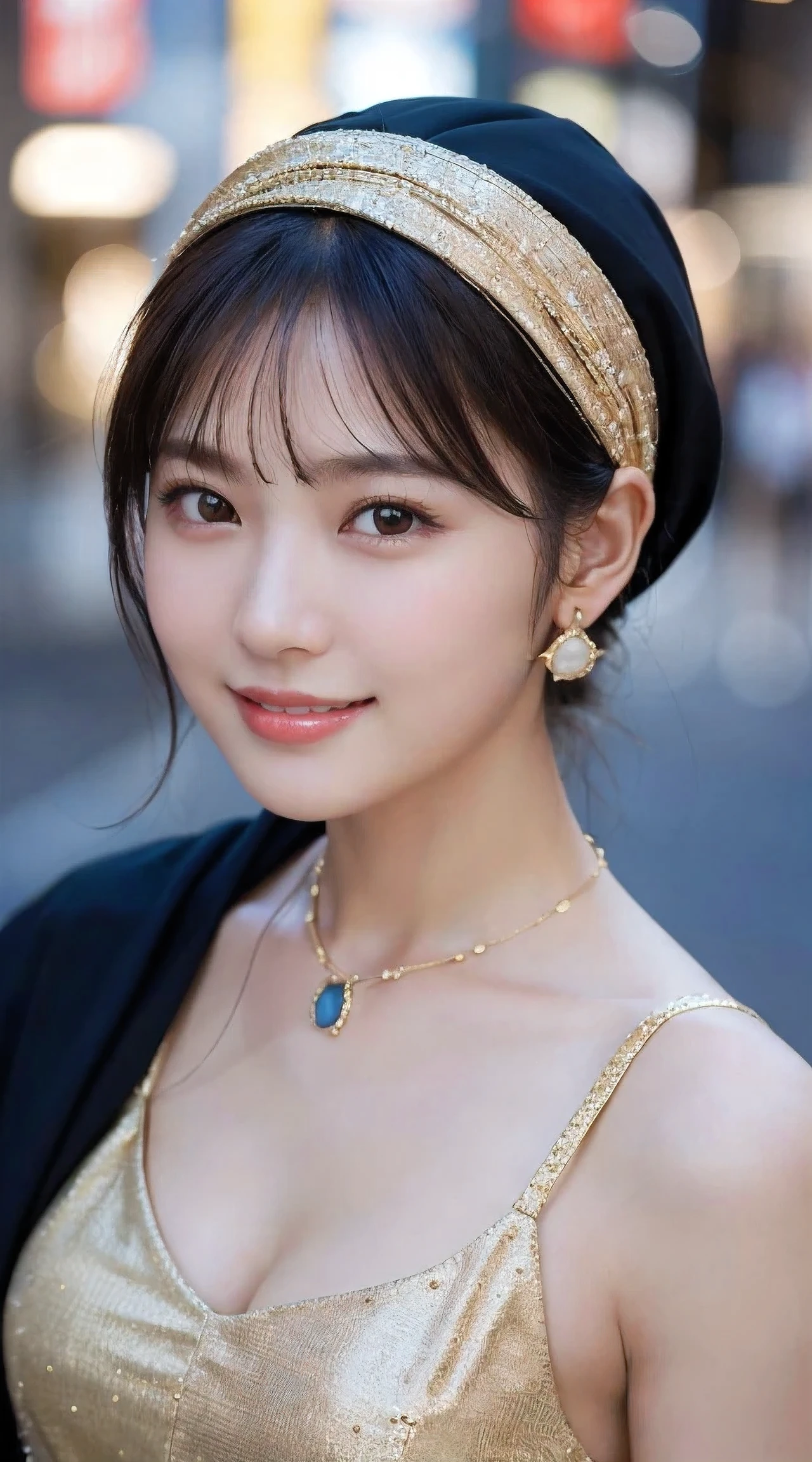 (highest quality, masterpiece:1.3, ultra high resolution), (Super detailed, caustics, 8k), (photorealistic:1.4, RAW shooting), 1 girl, (look at the camera with a smile and visible teeth), 20-year-old, cute, Japanese, (black long bronde hair), (hair tied), Natural lips, (wearing blush satin gold cheek, wearing hijab no hair looks, no boob looks), (there are earring holes on the ears), (wearing necklace by chanel), perfect necklace, cleavage, (Street in Tokyo at night), bust up shot, face focus, Natural light, Backlight, (A bright light shines from above), (Lens flare), professional writing, perfect bodies, perfect arms, Perfect fingers, perfect legs, perfect hair, pores, Realistic skin texture, perfect teeth, full body