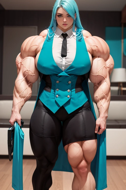 (Massive, beautiful, buff, pale white skinned muscular woman with cyan hair, purple eyes, black lipstick, ginormous bulky muscles), (((cyan three-piece suit))), necktie, blazer, (((cyan suit jacket))), (((waistcoat))), double-breasted waistcoat, pencil skirt, pencil skirt, tie clip, pocket square, pocket watch, pantyhose, high heels, (close view), (massive muscles), hyper muscles, long beachy hair, in an apartment, 