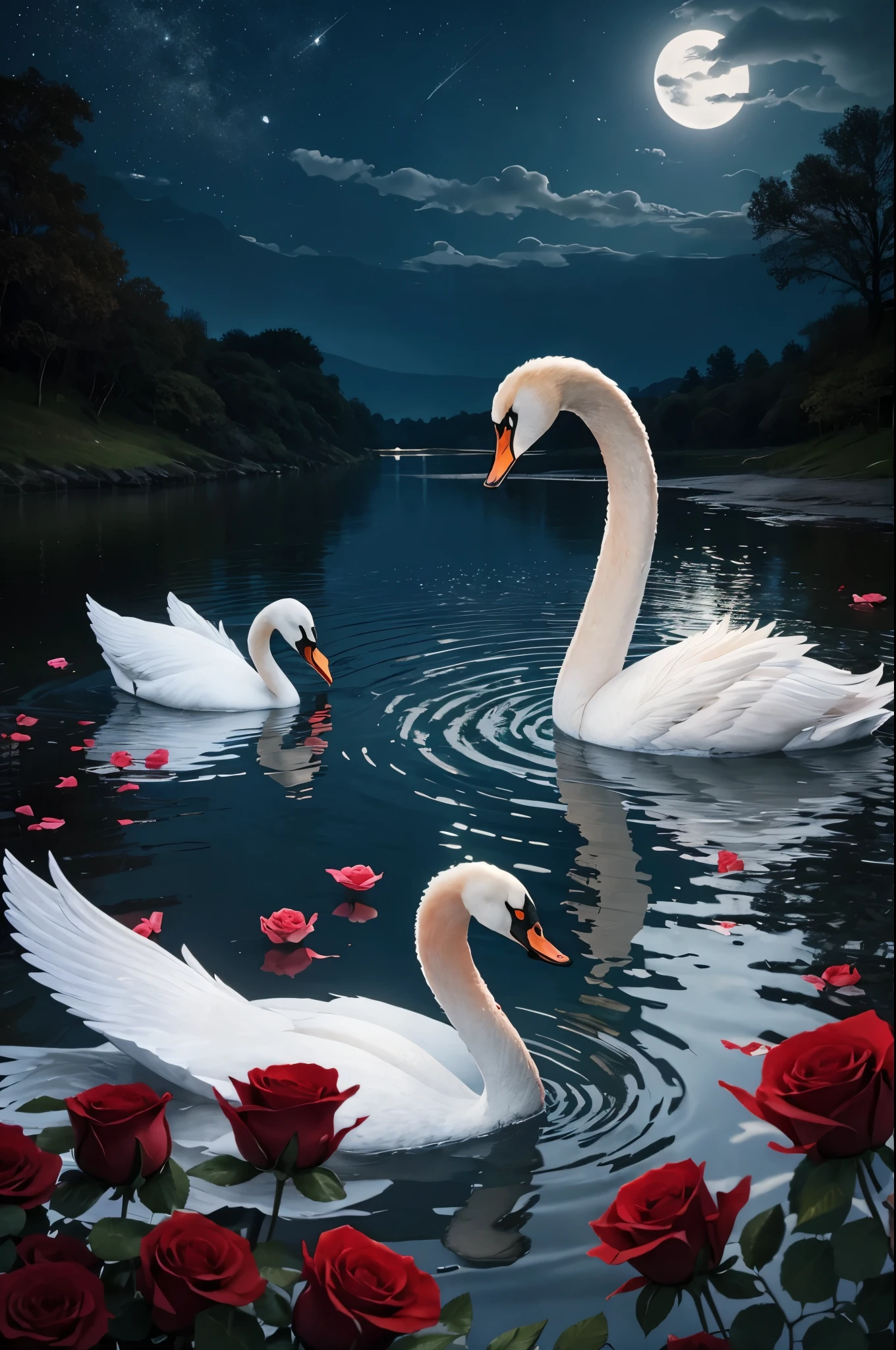 a delicate swan, under the moonlight, with red roses around