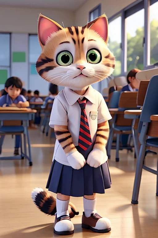 cat crying, wearing school clothes. On School with friend.