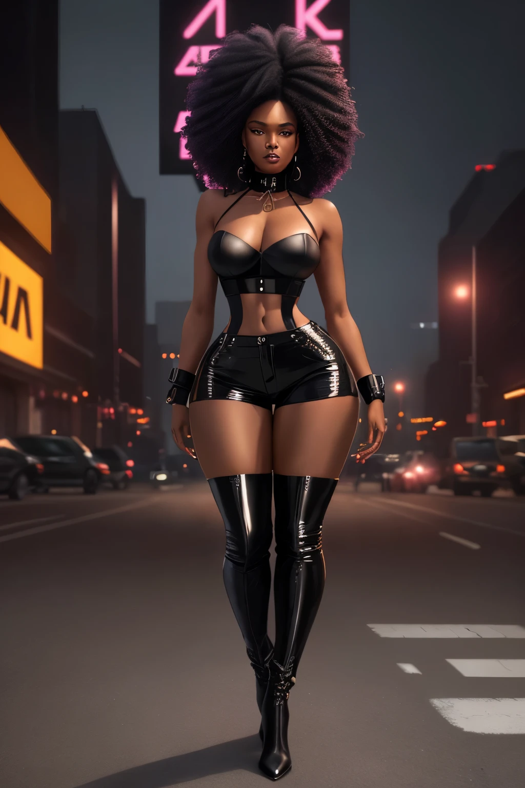 Vibrant 8K realistic animation showcases an African American woman, her dark skin glowing under the neon lights of the urban landscape. Her long, black curls cascade down her back in luscious wavy tendrils. She wears modern leather shorts pants that hug her curves, coupled with a sleek, black bustier that highlights her stylish elegance. The pièce de résistance is her pair of towering, black leather boots, extending long past her knees. The entire image exudes a captivating blend of urban sophistication and bold sexiness, with the urban backdrop serving as the perfect compliment to her powerful presence.
