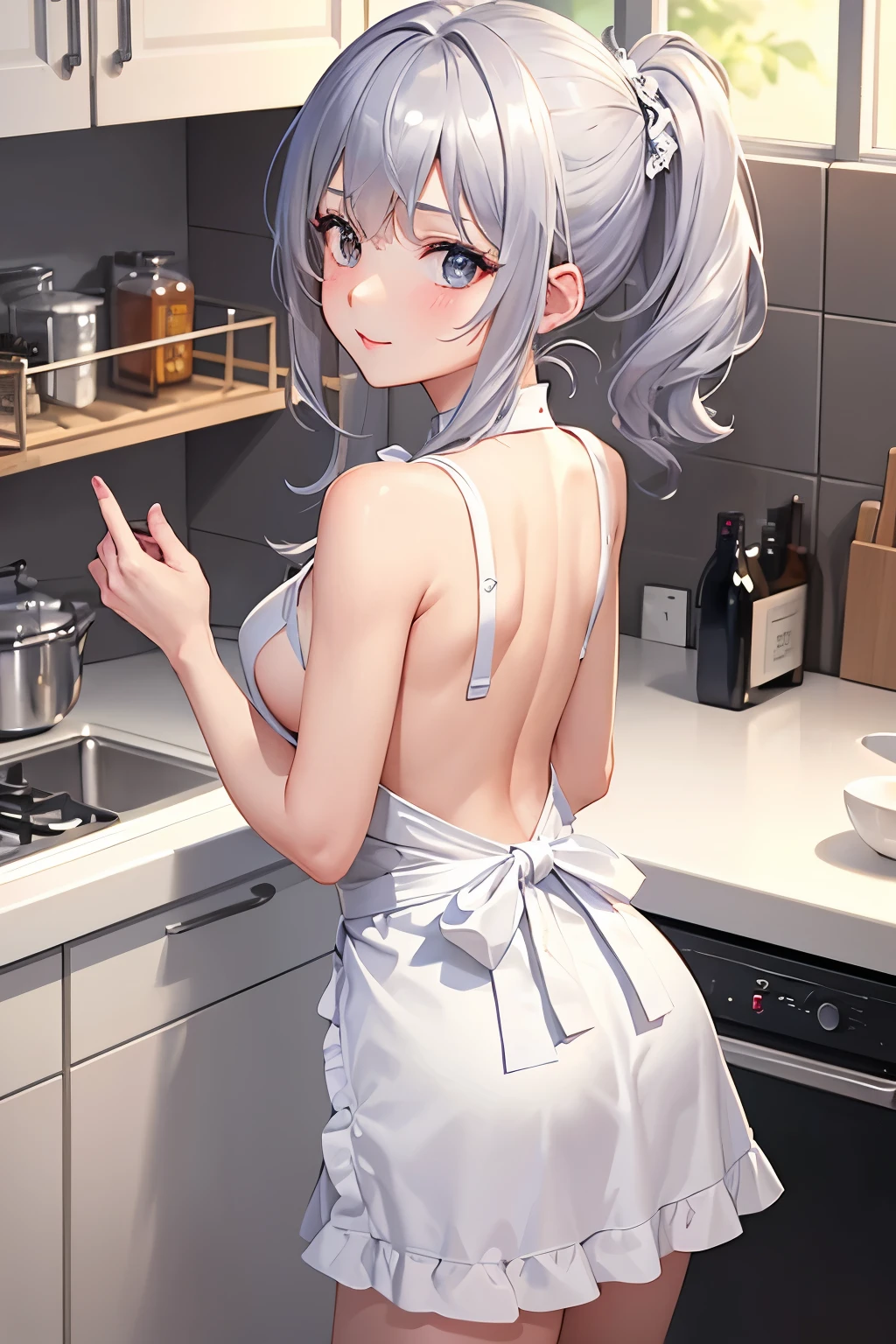 （（（highest quality、first-class、masterpiece、Normal body、8k、Detailed face、Ultra-precision、Normal hand、Normal finger、５Finger、Highest）））、beautiful girl、Silver Hair、Small breasts、Shortcuts、Naked Apron、Sleeveless Apron、Mini apron、kitchen、Back view、look back、Embarrassed、The back is naked