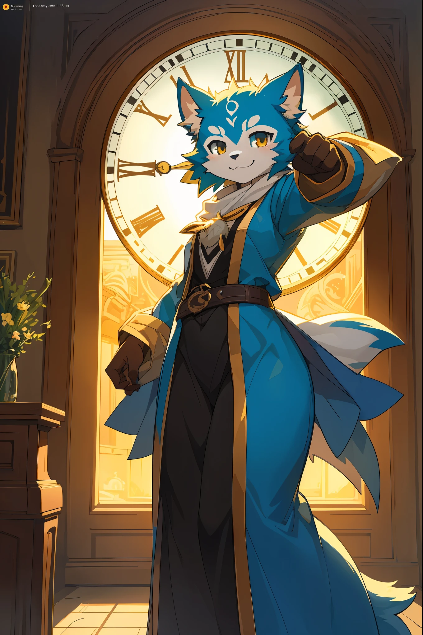 cover page, highres, top quality, best quality, paid reward available, unparalleled masterpiece, perfect artwork, absurdres, High-quality illustrations, super high resolution, detailed background, perfect anatomy(1girl, kemono, furry anthro, fearless smile, reach for the clock) in room with clock, fantasy artwork, cinematic lighting, Backlight,