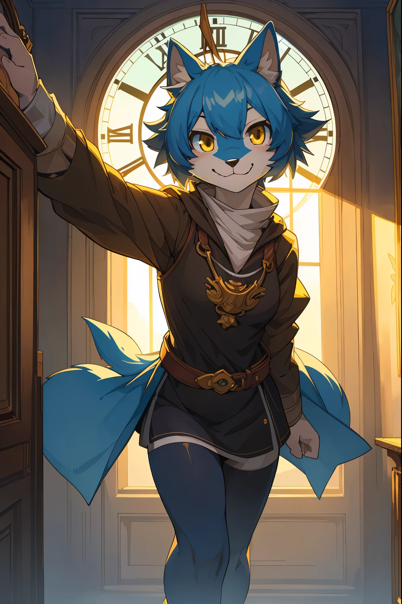 cover page, highres, top quality, best quality, paid reward available, unparalleled masterpiece, perfect artwork, absurdres, High-quality illustrations, super high resolution, detailed background, perfect anatomy(1girl, kemono, furry anthro, fearless smile, reach for the clock) in room with clock, fantasy artwork, cinematic lighting, Backlight,