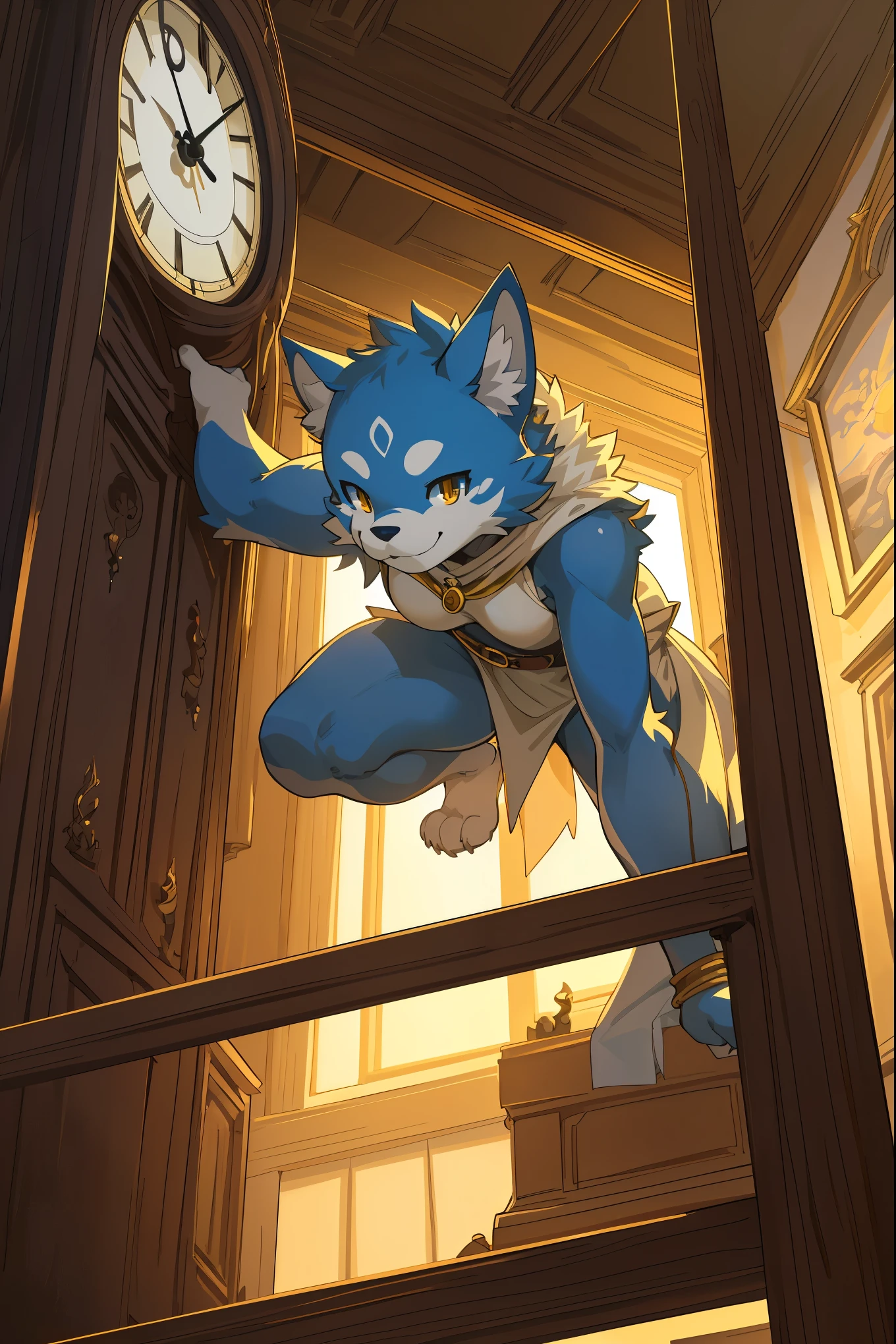 cover page, highres, top quality, best quality, paid reward available, unparalleled masterpiece, perfect artwork, absurdres, High-quality illustrations, super high resolution, detailed background, perfect ???????(1girl, kemono, furry anthro, fearless smile, reach for the clock) in room with clock, fantasy artwork, cinematic lighting, Backlight,