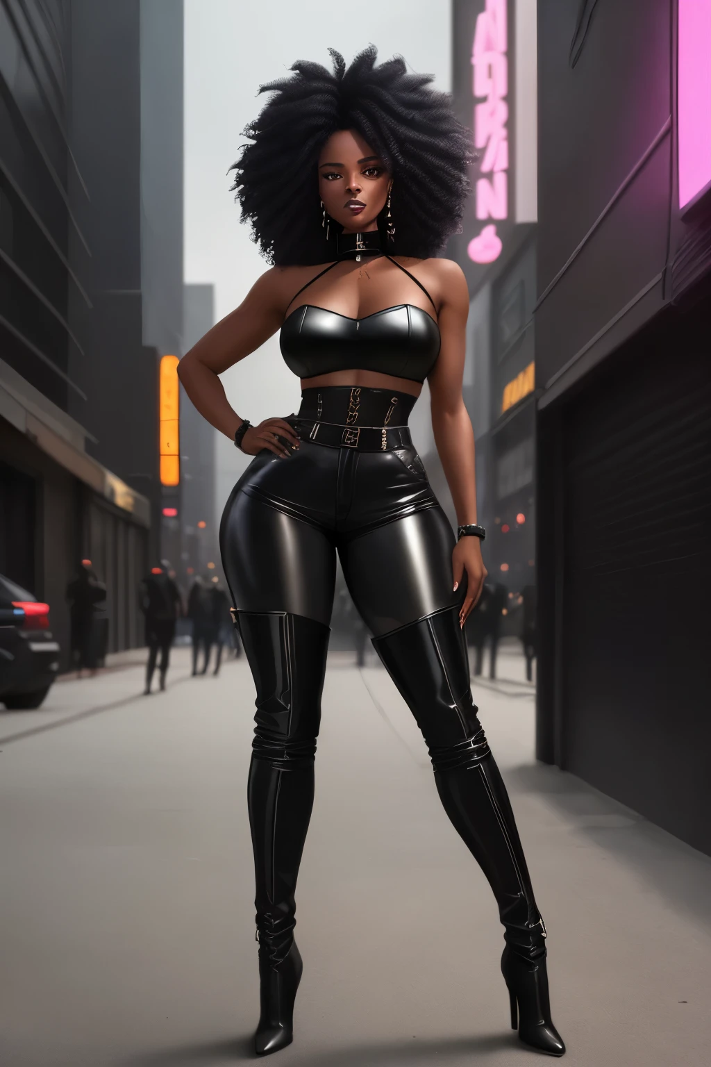 Vibrant 8K realistic animation showcases an African American woman, her dark skin glowing under the neon lights of the urban landscape. Her long, black curls cascade down her back in luscious wavy tendrils. She wears modern leather shorts pants that hug her curves, coupled with a sleek, black bustier that highlights her stylish elegance. The pièce de résistance is her pair of towering, black leather boots, extending long past her knees. The entire image exudes a captivating blend of urban sophistication and bold sexiness, with the urban backdrop serving as the perfect compliment to her powerful presence.