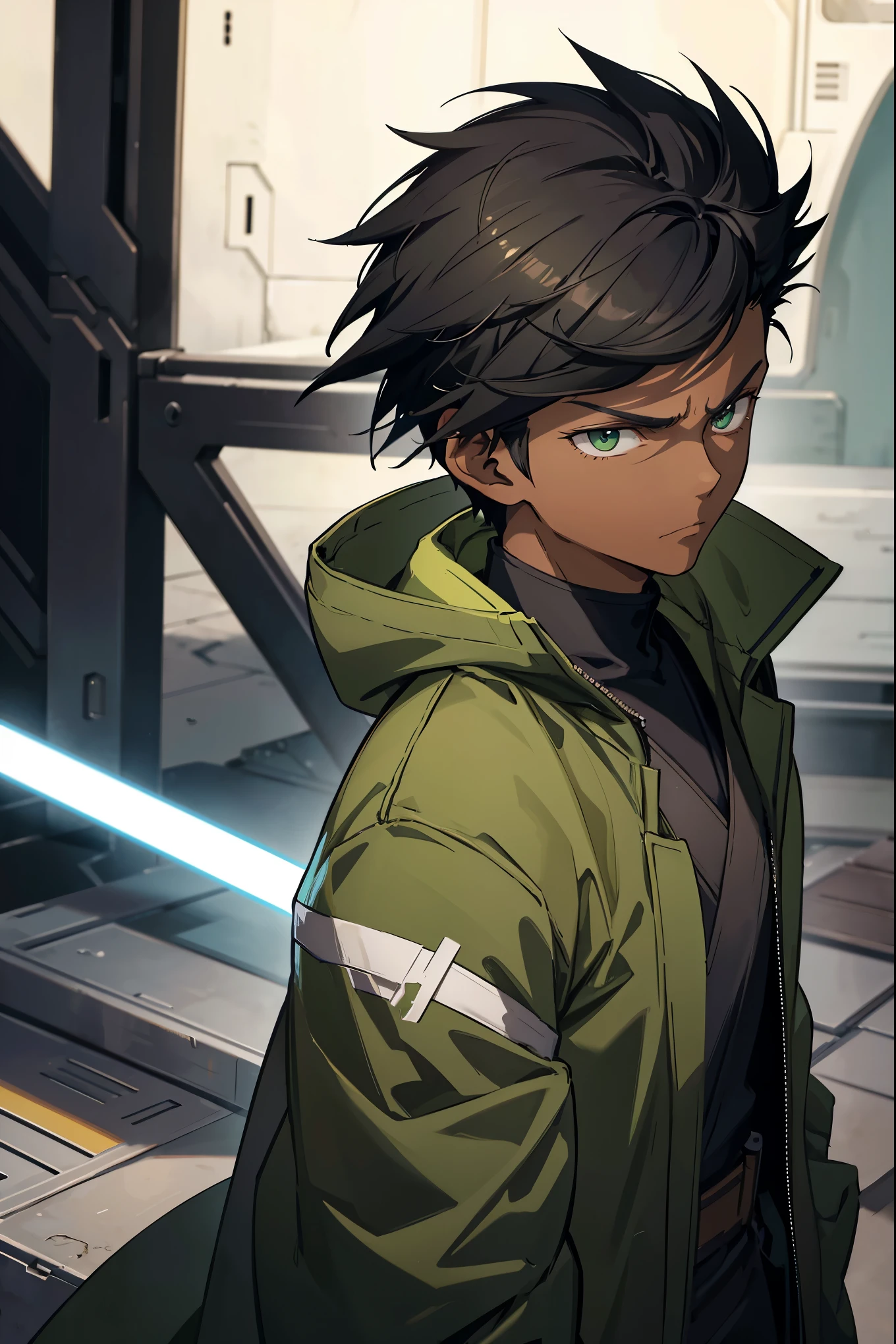 jedi boy, 1boy, black jedi robes, short spiky hair, rat tail hairstyle, brown skin, black hair, green eye color, dark green eyes color, ahohge, serious expression, sad face, dark skin, (detailed hands)