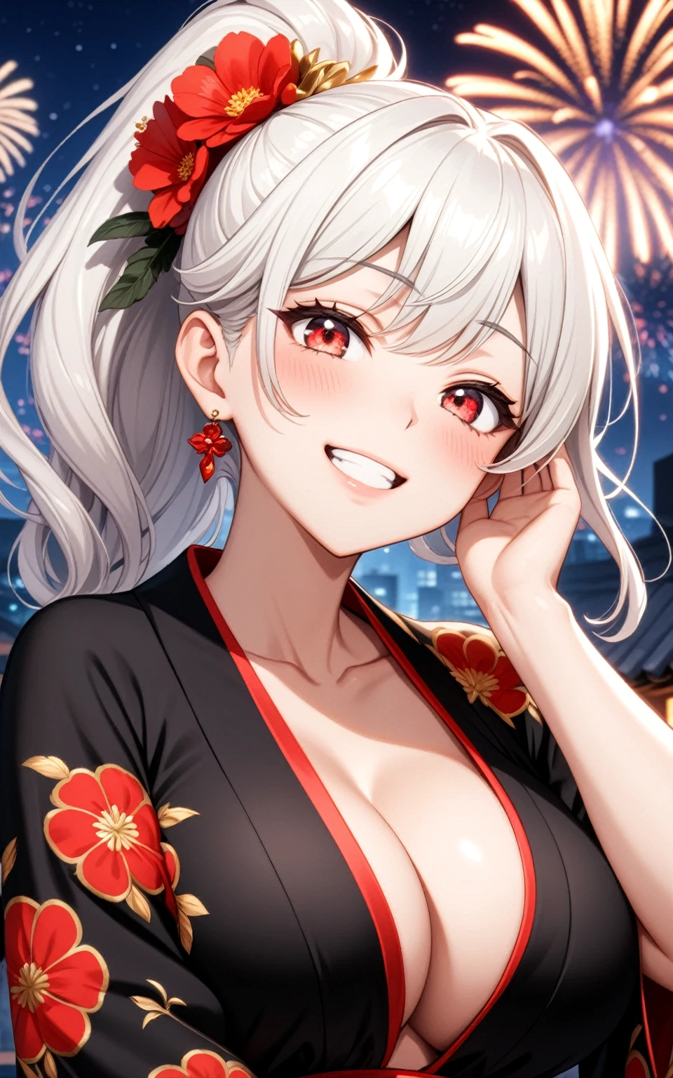 ((one personの女性)), Beautiful Face,Laughing embarrassedly,((Wink:2.0)),Laughing with your mouth open,((Bright red cheeks:1.3)),Glossy pink lips,night,rooftop,firework,((Anime style background)),masterpiece, highest quality, so beautiful, Latest, Complex details, (Pink long nails),(ring),AI-generated, Complex,High resolution, highest quality, super high quality,3D Images、View your viewers、3D Images,one person,Long white hair,High Ponytail,blue eyes,Anime woman posing for a photo, ((Fine grain、Red colorful eyes、Shining Eyes:1.4)),(Squint your eyes:1.1),a hyperRealistic , hyperRealistic , Realistic,Anime woman with long and white hair, Smooth anime CG art, A woman in a colorful kimono with gold embroidery, (Black kimono),Red floral pattern,Long flower hair ornament,Big earrings,Mature Body,(Big Breasts:1.1),Tall,Big Ass,Fine details,Narrow waist,Abdominal muscles,(Face close-up:1.5),(Hide your mouth with both hands)