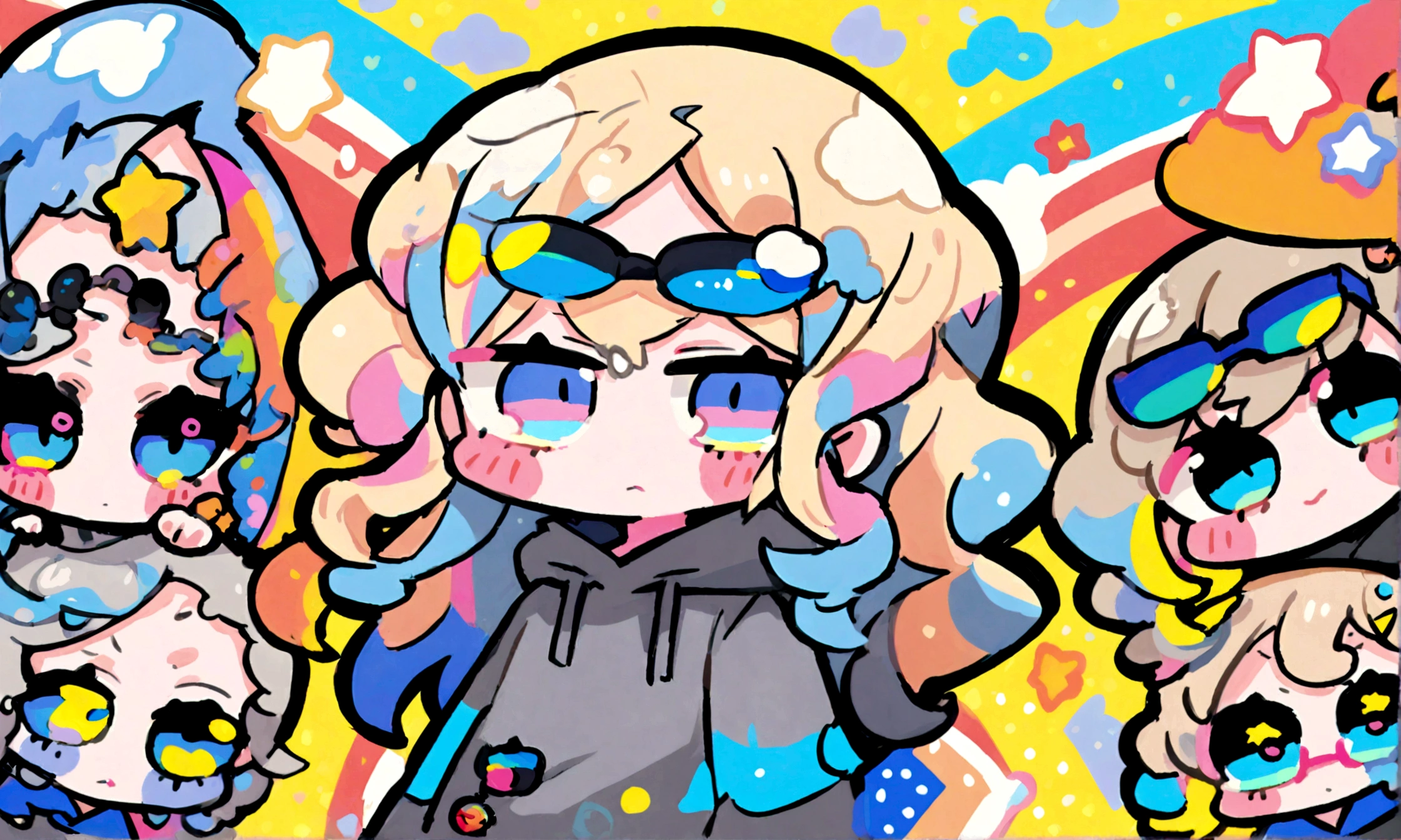 a cute chibi style adult female with light brown blonde short curly hair, wearing a grey hoodie with a rainbow on it and jeans, wearing glasses, has a very colorful star laden backround with mutiple blue shades of hombre colors
