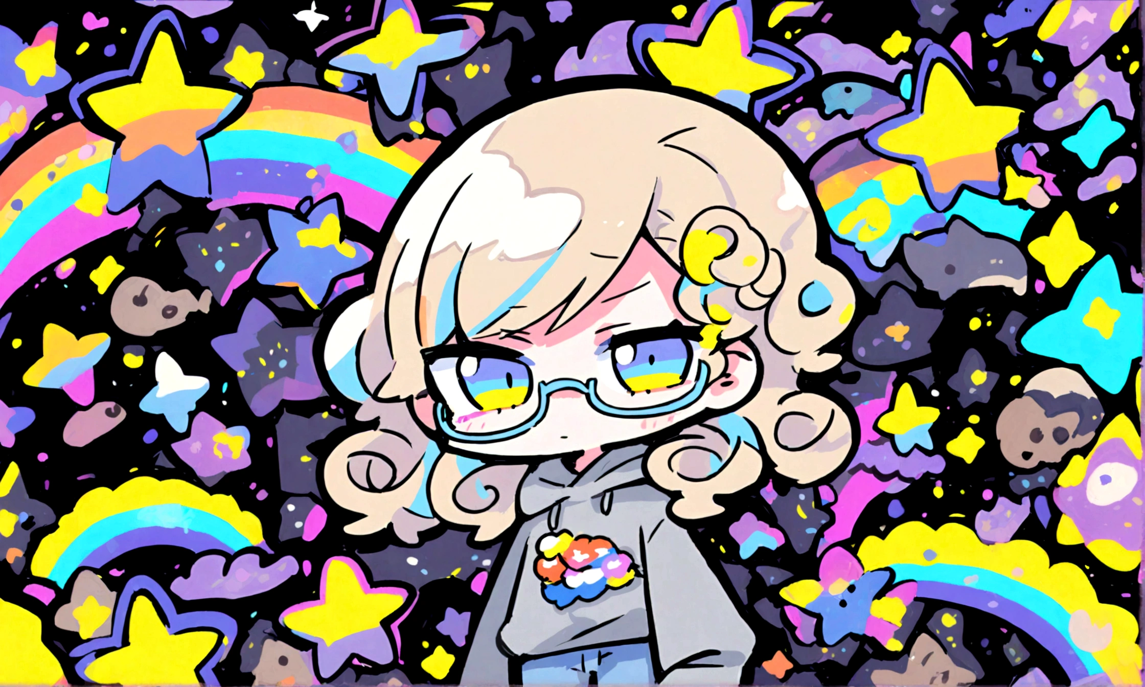 a cute chibi style adult female with light brown blonde short curly hair, wearing a grey hoodie with a rainbow on it and jeans, wearing glasses, has a very colorful star laden backround with mutiple blue shades of hombre colors