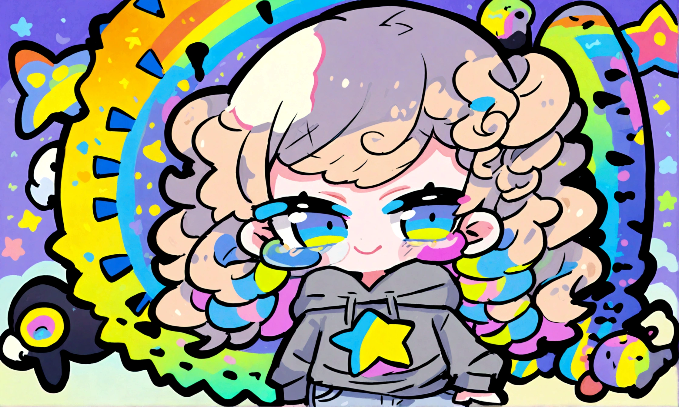 a cute chibi style adult female with light brown blonde short curly hair, wearing a grey hoodie with a rainbow on it and jeans, wearing glasses, has a very colorful star laden backround with mutiple blue shades of hombre colors
