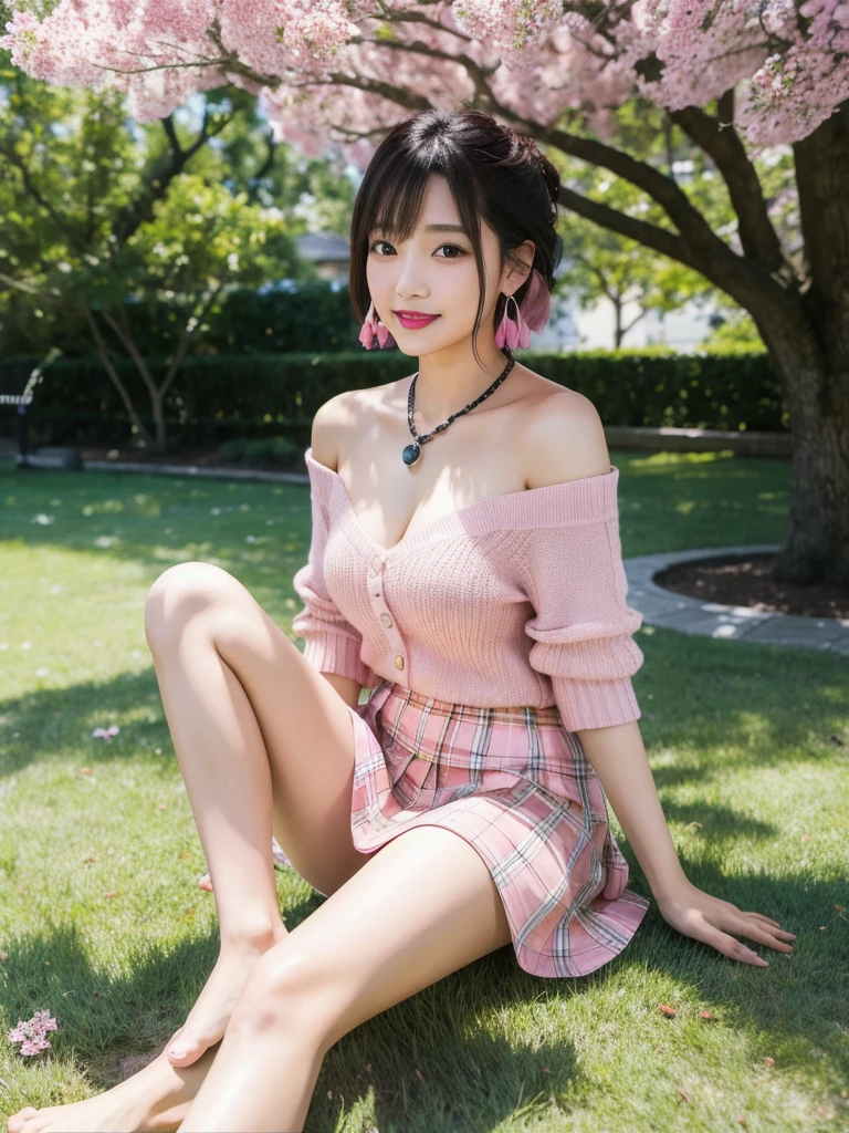 (8k, Photorealistic, Raw photo, Highest quality: 1.4),Japanese idol style１Beautiful girl of the person,18-year-old,Short bob hairstyle,Blackの髪,She has her hair tucked behind her ears,She has small earrings in her ears,Big, clear grey eyes,Long eyelashes,Plump Cheeks,(She is applying lipstick,(Pink :1.4)),Apply gloss over your lipstick for glossy, plump lips,Smiling,A short pendant is hanging around her neck.,両手の爪に淡いPinkのマニキュアを塗っている,Both toenails have red nail polish,Wearing a sleeveless summer knit top on bare skin,I can see her cleavage(Wearing a pleated skirt,(Plaid,Black :1.4)),barefoot,(sitting on the grass under a tree in the park,(Crossing your legs :1.4)),Angle from the front,Full body portrait