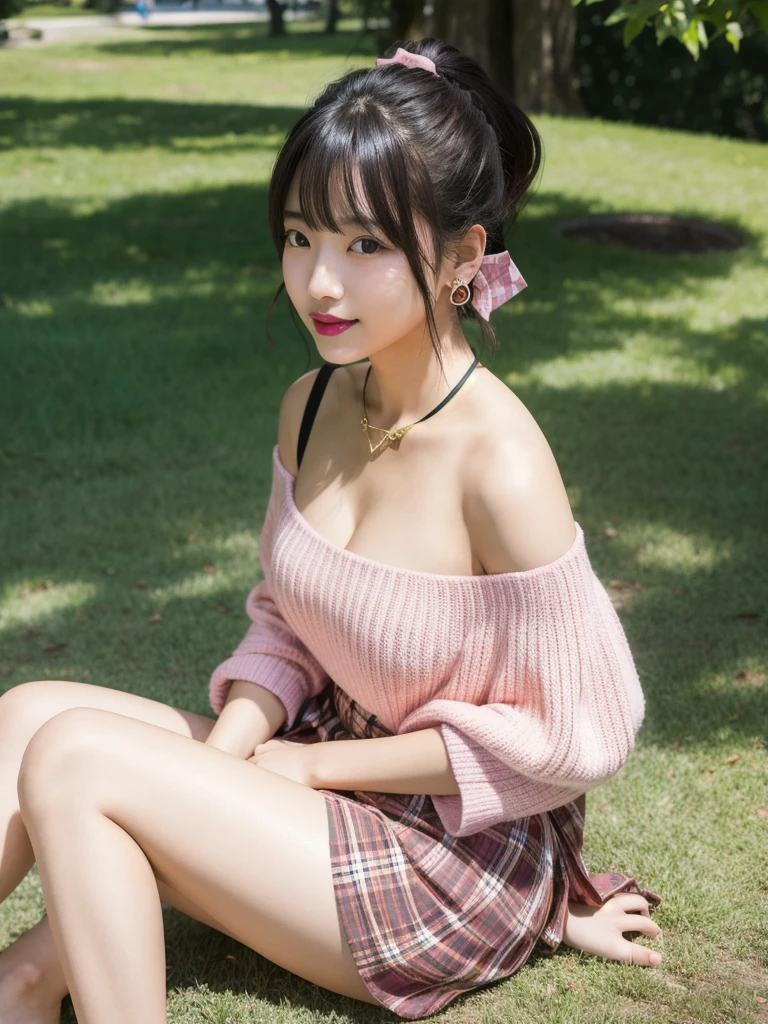 extremely detailed CG unity 8k wallpaper, best quality, ultra-detailed, masterpiece, realistic, photo realistic, extremely detailed cute girl, 20years old, (skirt lift), ((skirt lift by myself)), white panties , panties focus, blush, parted lips, looking at viewer , half body shot , wearing off-shoulder shirt , (crowd), (crowded park) , short hair
