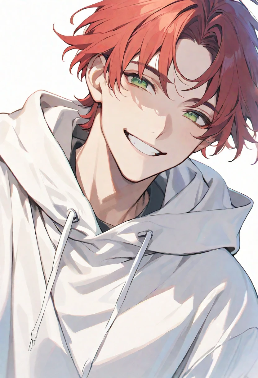 solo, handsome, 1. male,
Straight Hair,red Hair,short hair,bangs,
green Eyes,Soft look,Drooping eyes,Young,
White hoodie,Jersey,
,casual,skin, Smile,
White background,icon