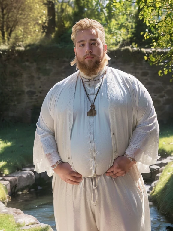 Blonde white fat MALE priest with long beard and curly hair with giant breasts getting tortured in the middle of a park. His breasts are enormous and covered with semen and hair. It is a MALE (Man) priest with hairy tits completely covered in white semen. He is rubbing cum all over his gigantic tits. He is screaming in pleasure.