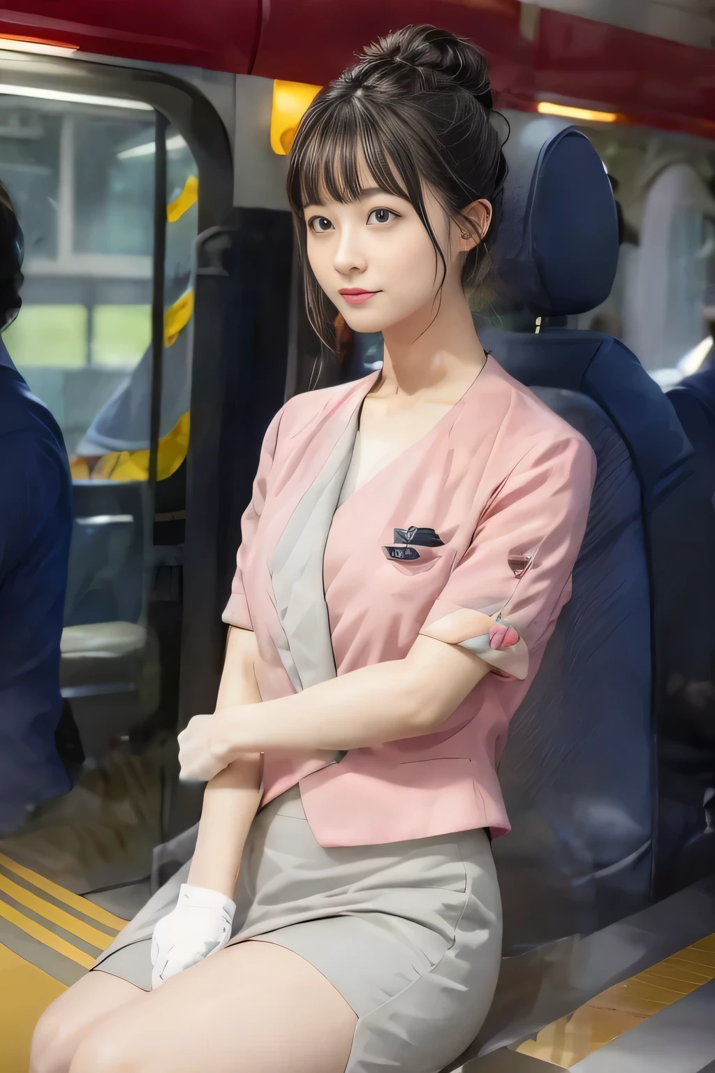 (masterpiece:1.2, highest quality:1.2), 32K HDR, High resolution, (alone、1 girl)、(On the rooftop of a building in the daytime、Professional Lighting)、Building rooftop background、(Nankai train crew uniform pinkを着たリアルスタイル)、(Nankai train crew uniform pink short sleeve pink jacket、Nankai Train Crew Uniform Pink Collarless Short Sleeve Blouse、Nankai Train Crew Uniform Pink Grey Knee-length Culottes)、Dark brown hair、(Hair tied up、Hair Bun、Hair Bun)、Dark brown hair、Long Shot、Big Breasts、Thin legs、((Great hands:2.0)),((Harmonious body proportions:1.5)),((Normal limbs:2.0)),((Normal finger:2.0)),((Delicate eyes:2.0)),((Normal eyes:2.0)))、smile、(Nankai Train Crew Uniform Pink Grey Knee-length Culottesを見せた美しい座る姿)、Place your hands around your stomach