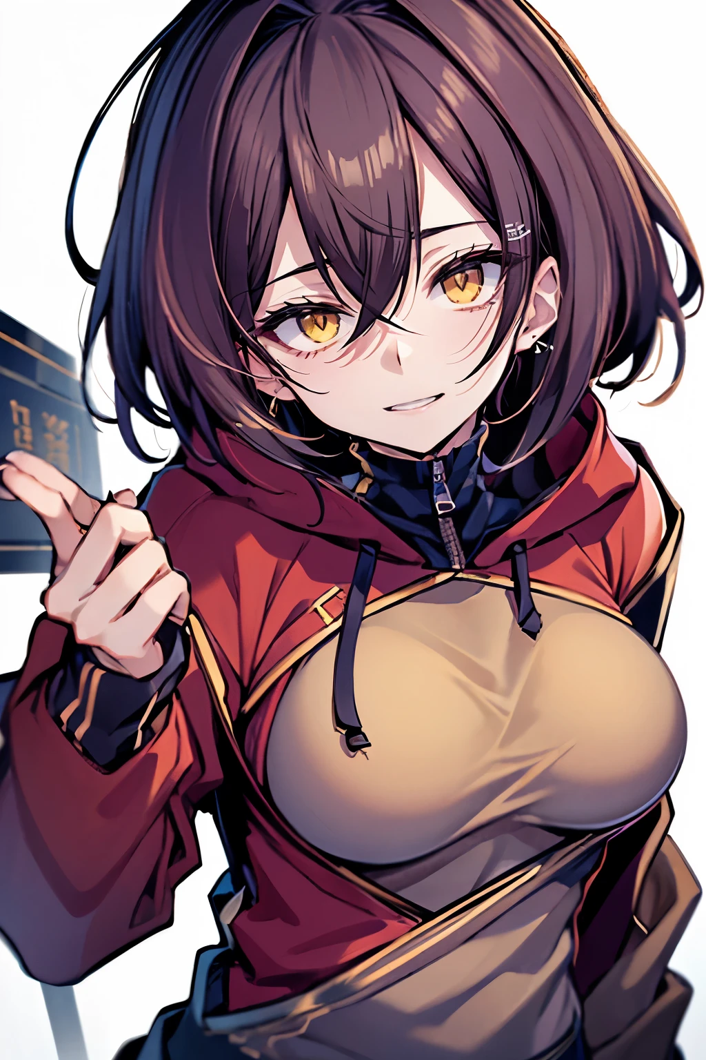 hui xiyi, rekkyo sensen, rekkyou sensen, tits cleavage, breasts close up, white knit sweater, waving, medium hair, camisoles, chinese clothes, khaki hoodies, velour hoodies, exposed breasts, big breasts, simple background