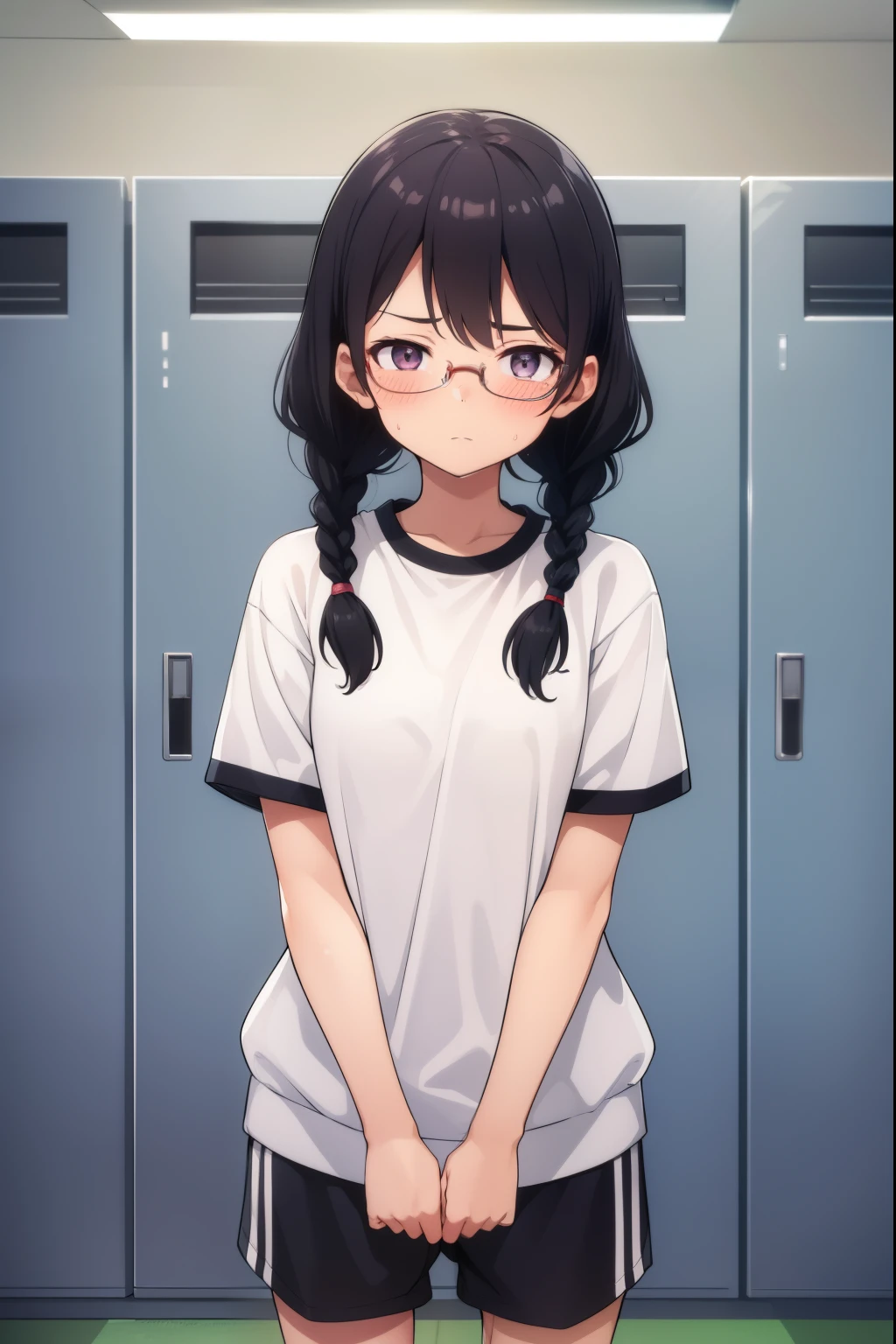 One Girl, Black braids, White gym clothes,Bloomers, locker room, Glasses,Cold Eyes,Blushing,
Looking at the audience, 
 highest quality, High resolution, unity 8k wallpaper, Perfect lighting