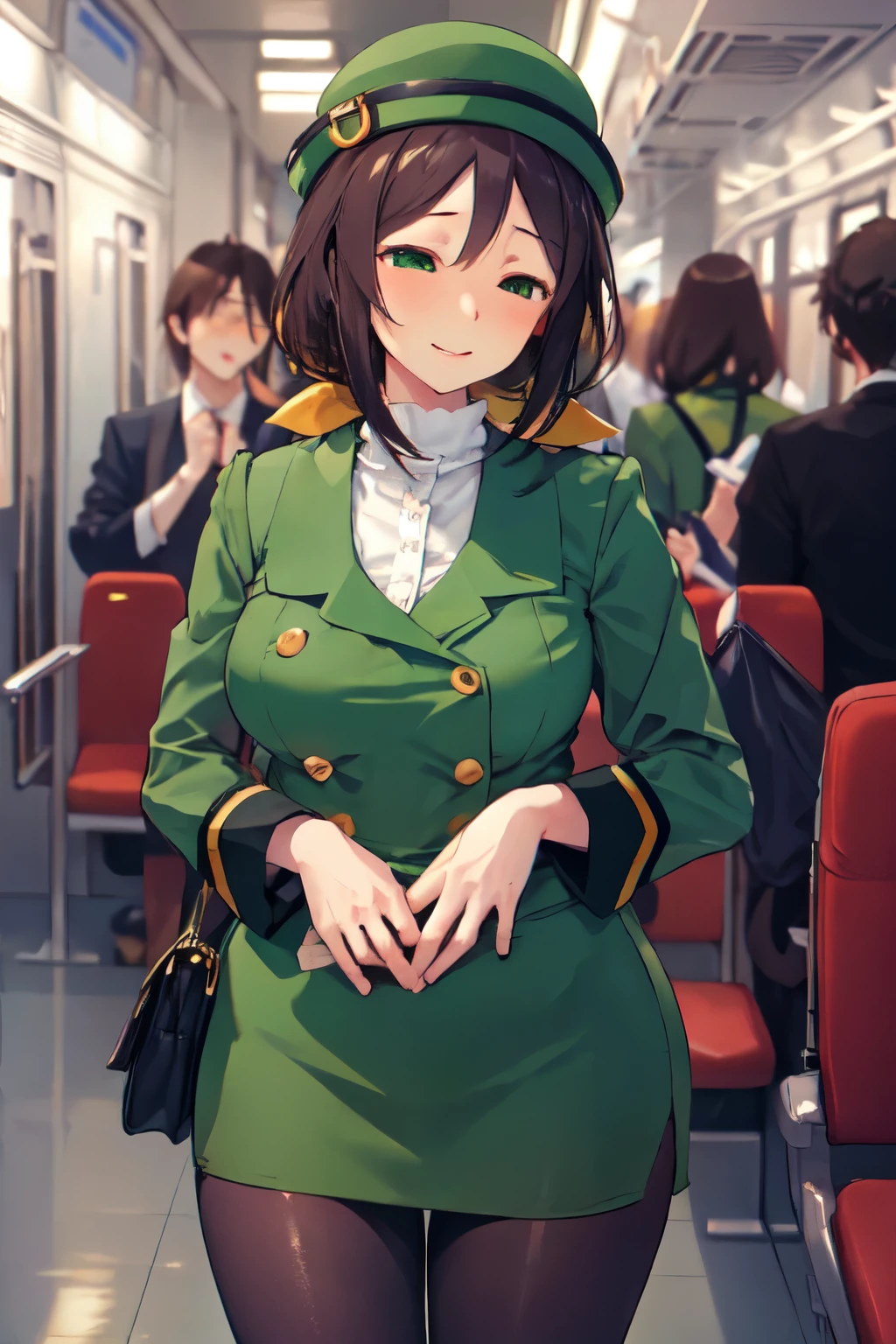 masterpiece, highest quality, 1 person,( Large Breasts, Are standing, View Audience),Detailed Background、A person who writes in detail、Accurate human body、Knowledgeable person、Five correct answers、(Mature Woman,Thick thighs,cruvy body,solo,hayakawa tazuna, Low Ponytail, Green hat, Green jacket, Green Skirt,Black Pantyhose、Short tight skirt、Being molested、Pretending not to know、Open clothes)、((男性の腕がMature Womanのおっぱいを掴む))、(Mature Womanの後ろにたくさんの男性がAre standing)、Crowded train、Narrow train、Cuckold、netorar sexe