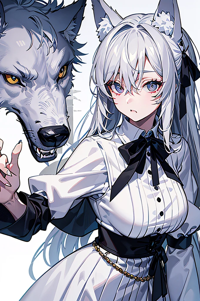 best qualtiy，tmasterpiece，The is very detailed，4K，Gray hair and shallow eyes，Drag cool expressions，Wolf ears，Erect scar on the left eye，British style，1girl，Absolutely beautiful, big bust, white costume, ear ribbon