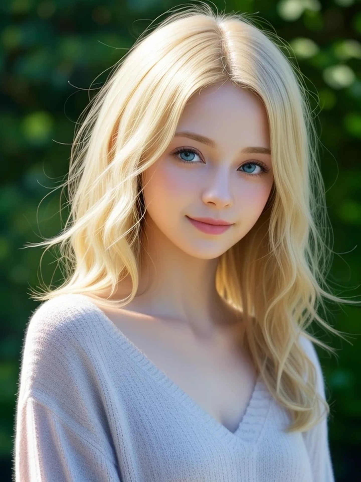 (1girl), Solo, Extremely cute, Amazing face and eyes, (Beautiful lovely smile), Blonde hair, (extremely detailed beautiful face), bright shiny lips, (Best Quality:1.4), (Ultra-detailed), (A hyper-realistic, Photorealsitic:1.37), Beautiful fair skin, extremely detailed CG unified 8k wallpaper, RAW Photos, professional photograpy, Cinematic lighting, dense woods, (nighttime scene, Quiet Night Jungle:1.2), (Silence, night sky:1.3),