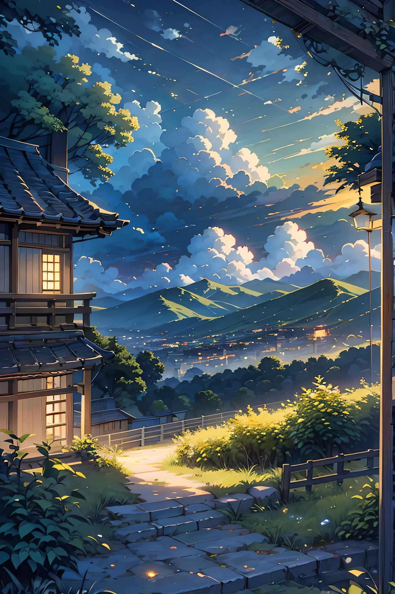Anime Style,evening,Evening sky,Mountain々,Surrounded by clouds,Green fields and forests,Beautiful sky,Beautiful views