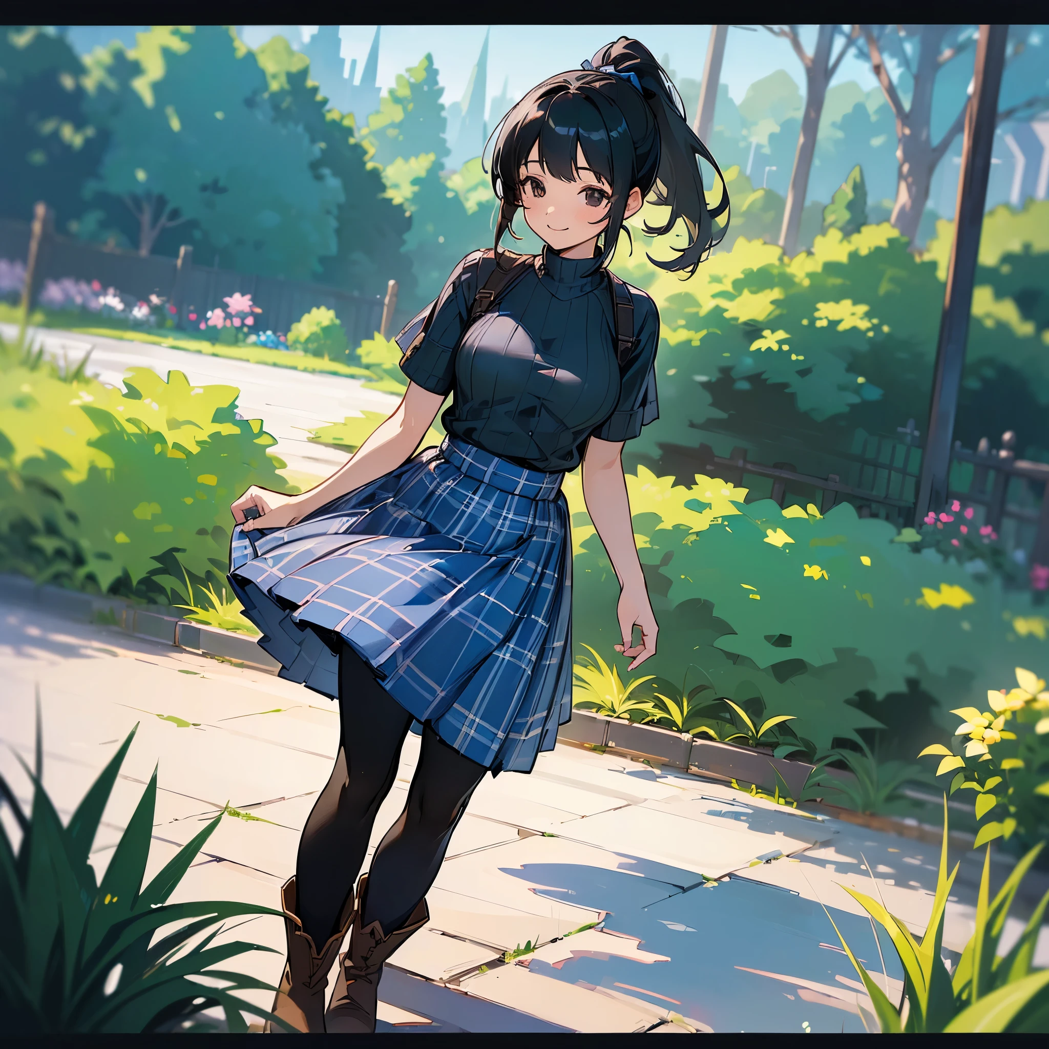 (high quality, High resolution, Very detailed, reality:1.37), Peaceful atmosphere, (Outdoor, garden), Teenage girl standing alone, (my ??????? are big.), Beautiful details, Cute Smile, (Black hair ponytail), Short sleeve ribbed sweater, Blue plaid skirt, black tights, Brown boots.