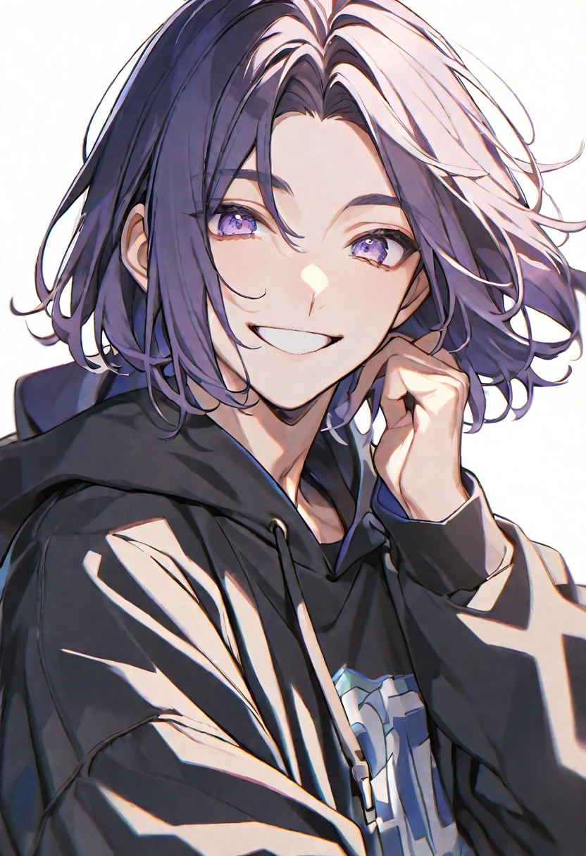 solo, handsome, 1. male,
Straight Hair,blackパープル Hair,Bob Hair,bangs,
purple Eyes,Soft look,Drooping eyes,Young,
black hoodie,Jersey,
,casual,skin, Smile,
White background,icon