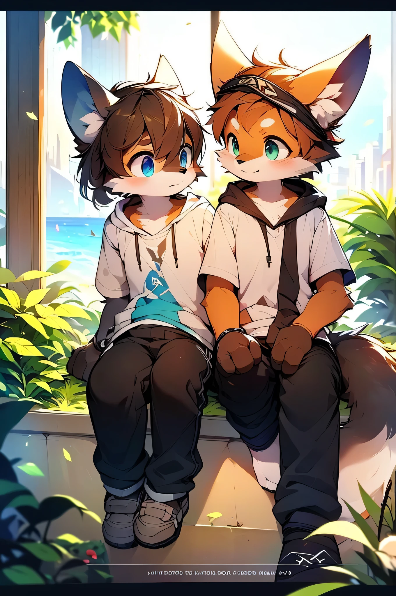 by Kenket, Ross Tran, Luan Jia, Zausch, fox, by Zachary911, Hyatt Wren, Terran, by fumiko, From Pixelsketcher, Bayard Wu, Thomas Benjamin Kennington, Einshelm, Written by Kirina, From Coffeesoda, by Hioshiru, From fluff-kevlar, Goodbye r-mk, By dimwitdog, duo, Men and women, On the balcony, (A woman wearing a white logo hoodie and black pants), (A man wearing a white logo shirt and black pants), Embrace, Ocean Background, modern city background