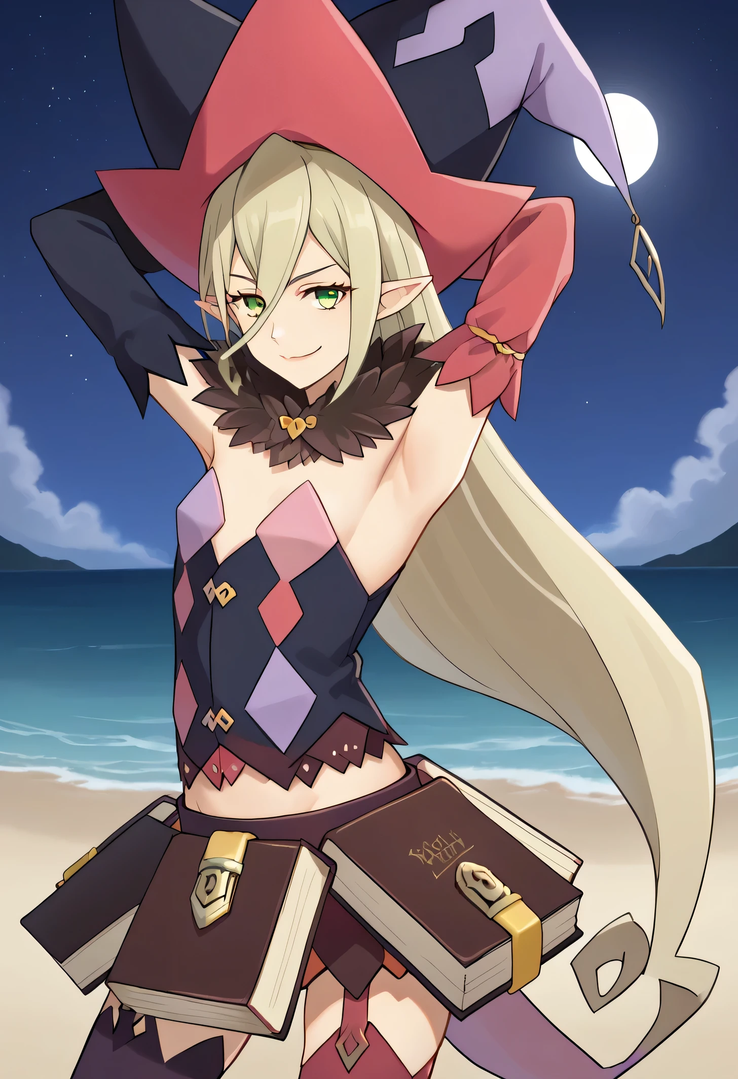 Magilou, source_anime, 1girl, solo, pointy ears, very long hair, hair between eyes, witch hat, fur collar, multicolored vest, strapless, detached sleeves, mismatched sleeves, book skirt, asymmetrical legwear, thighhighs, garter straps, (cowboy shot:1.5), solo, night sky, beach, arm behind head, contrapposto, spread armpits, looking at viewer, best quality, closed mouth, smile,