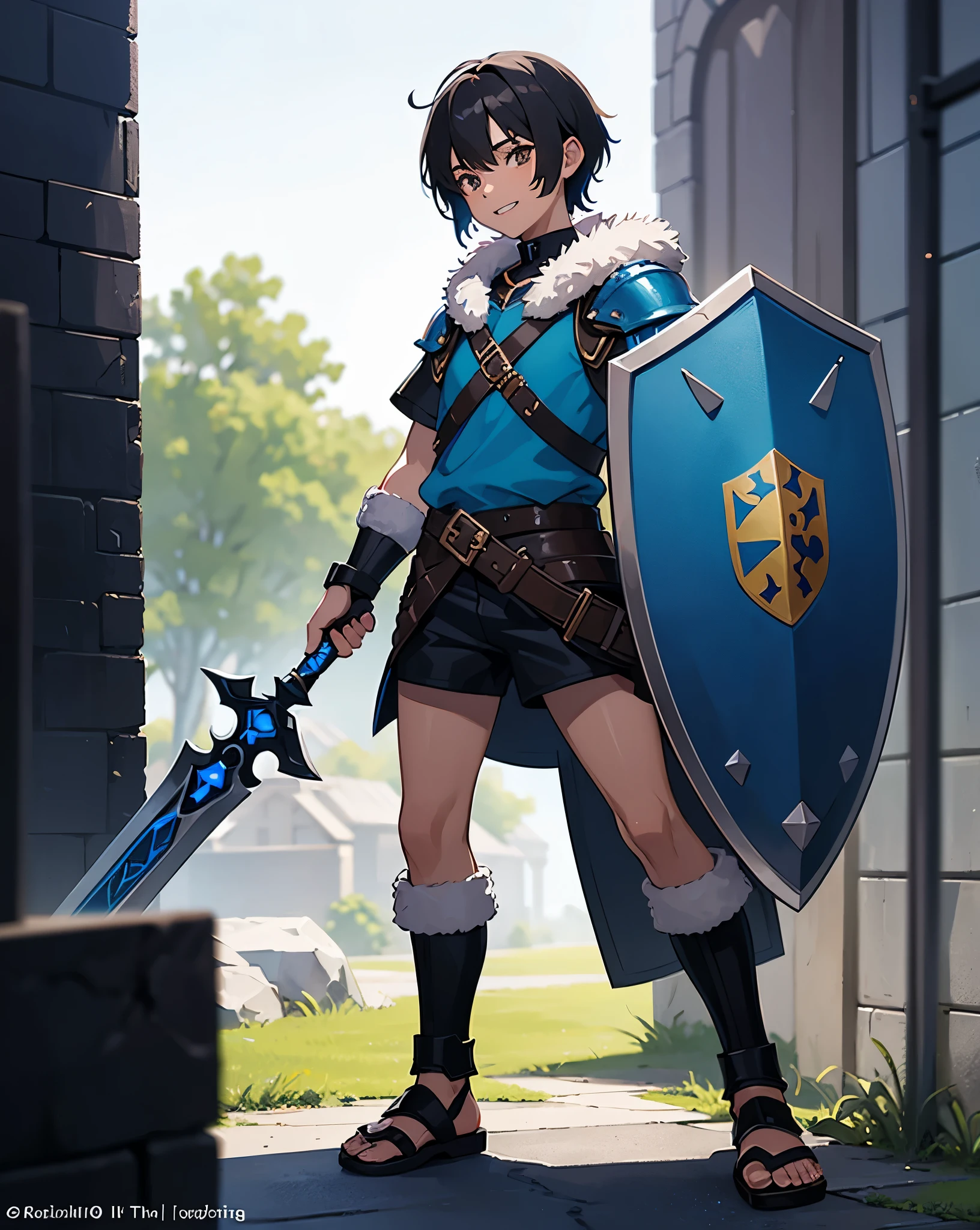 Young Teen boy with black hair and brown eyes, innocent and happy, dressed in short neon-blue medieval barbarian clothes, fur shorts, light-blue battle armor, weilding silver sword and shield, sandals; fullbody; short hair, boyish athletic, sexy, 13-years-old 