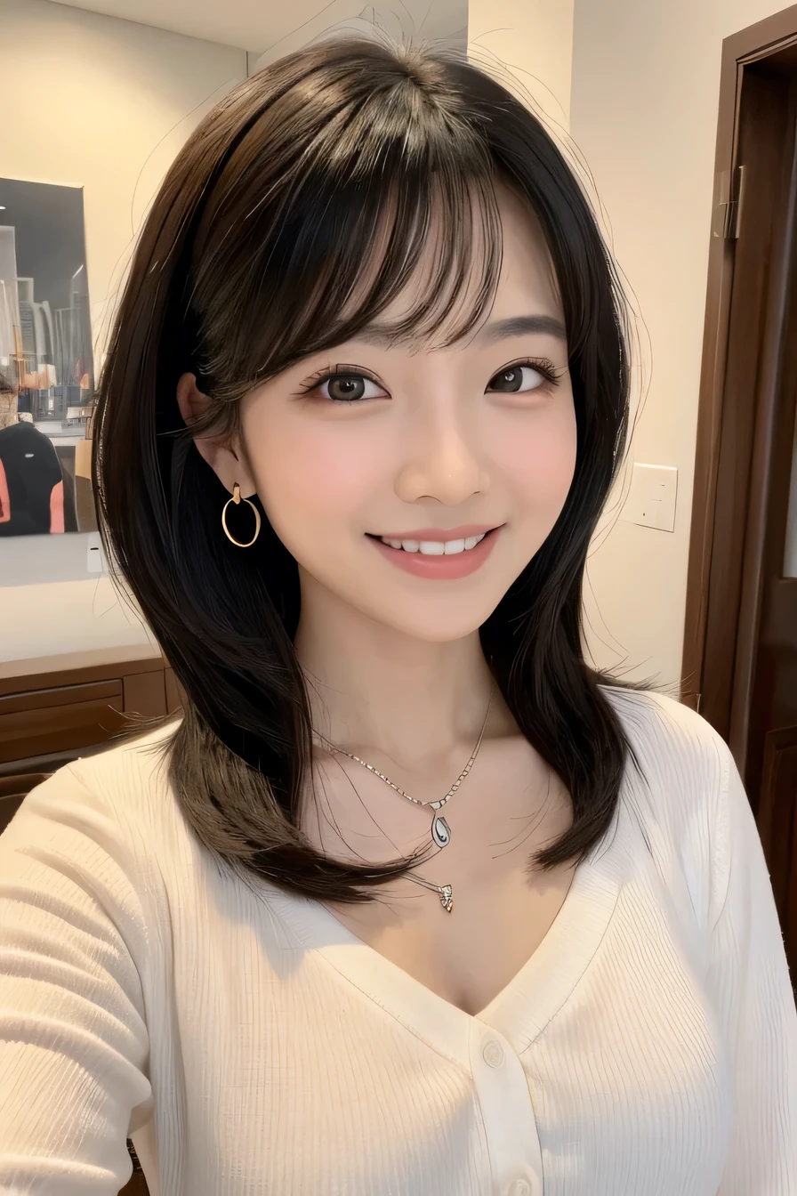 １９Young woman in age、 Japanese women、Black Hair、Wavy Hair、short hair、ear piercing、Necklace around the neck、blouse、smile, Beautiful teeth alignment、Intricate details, Very detailed:1.2), 、 Looking into the camera,The background is in the room
