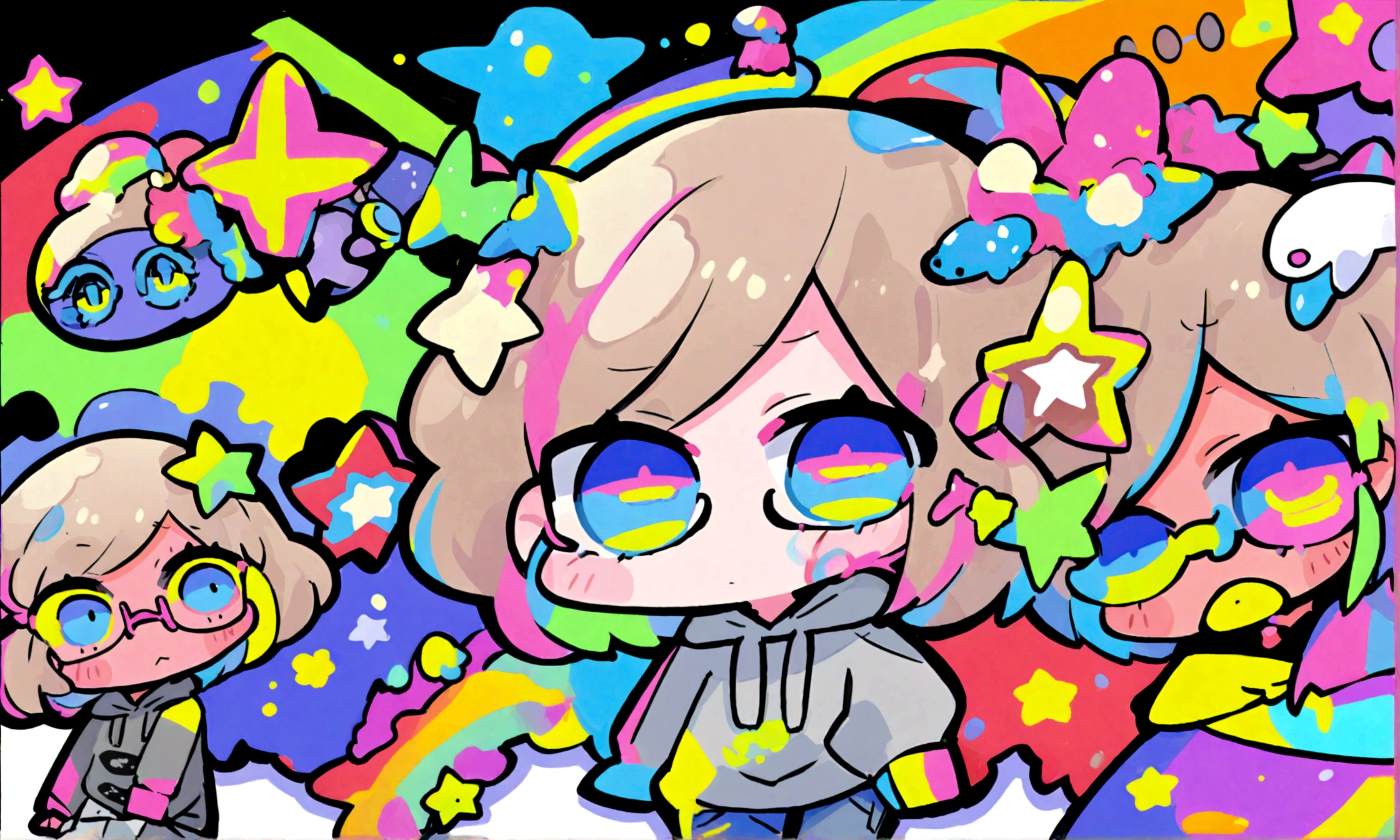 a cute chibi style adult female with light brown short hair, wearing a grey hoodie with a rainbow on it and jeans, wearing glasses, has a very colorful star laden backround with mutiple blue shades of hombre colors