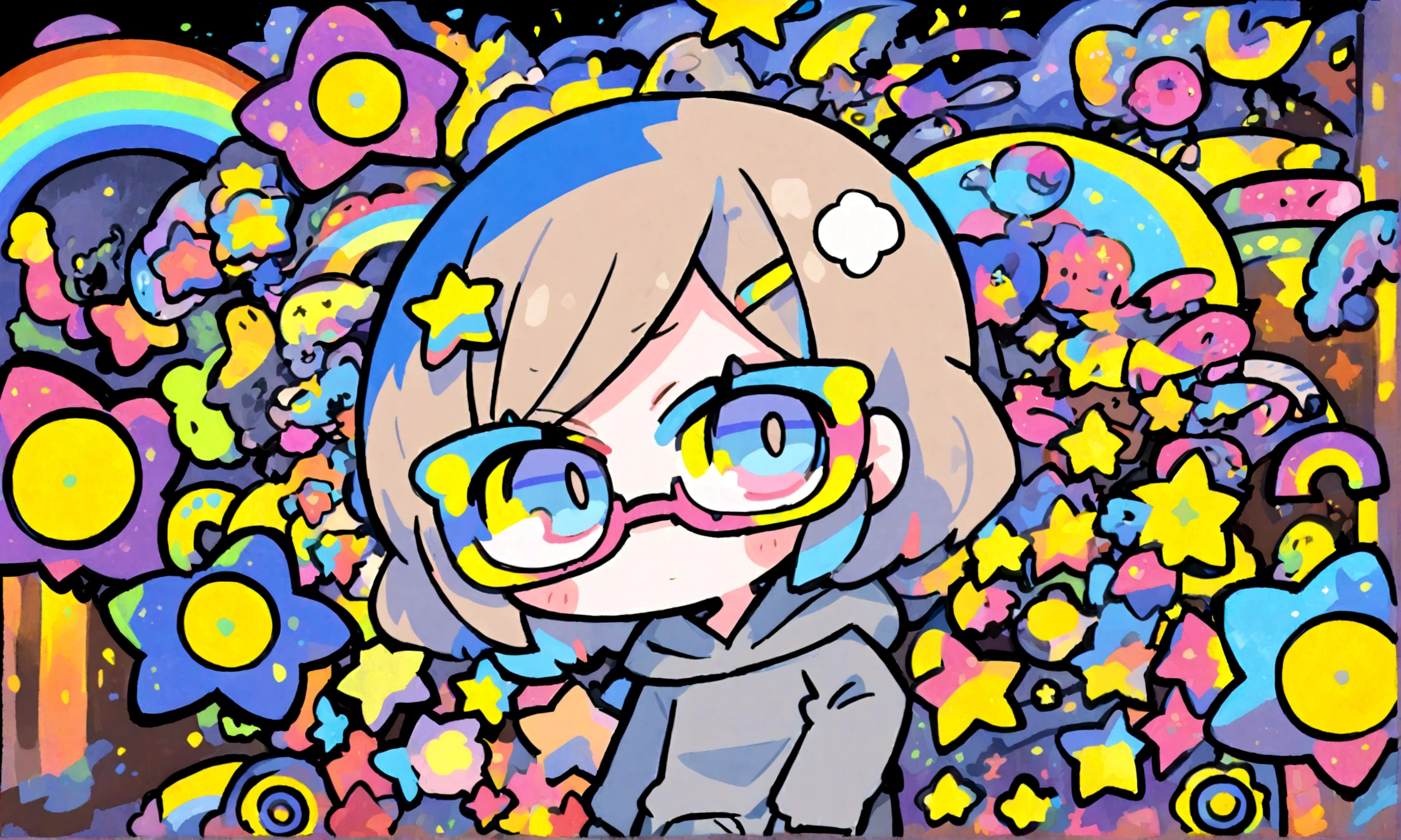 a cute chibi style adult female with light brown short hair, wearing a grey hoodie with a rainbow on it and jeans, wearing glasses, has a very colorful star laden backround with mutiple blue shades of hombre colors