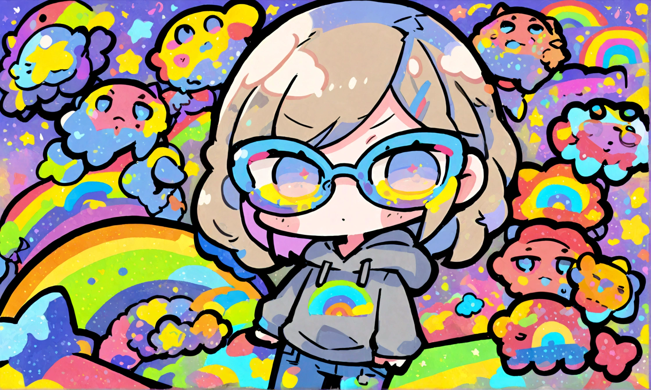 A cute chibi style adult female with light brown short hair, wearing a ...