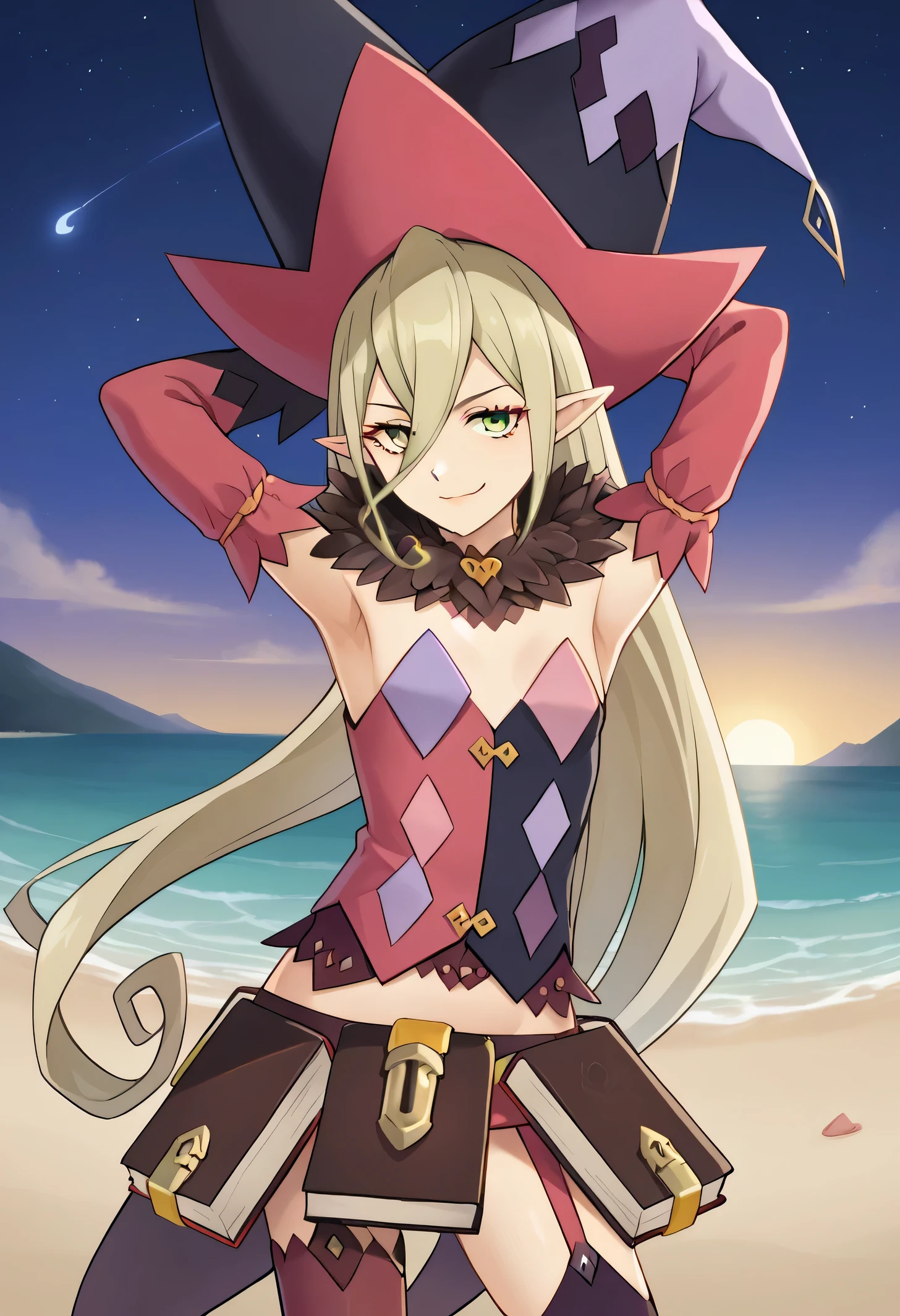 Magilou, source_anime, 1girl, solo, pointy ears, very long hair, hair between eyes, witch hat, fur collar, multicolored vest, strapless, detached sleeves, mismatched sleeves, book skirt, asymmetrical legwear, thighhighs, garter straps, (cowboy shot:1.5), solo, night sky, beach, arm behind head, contrapposto, spread armpits, looking at viewer, best quality, closed mouth, smile,